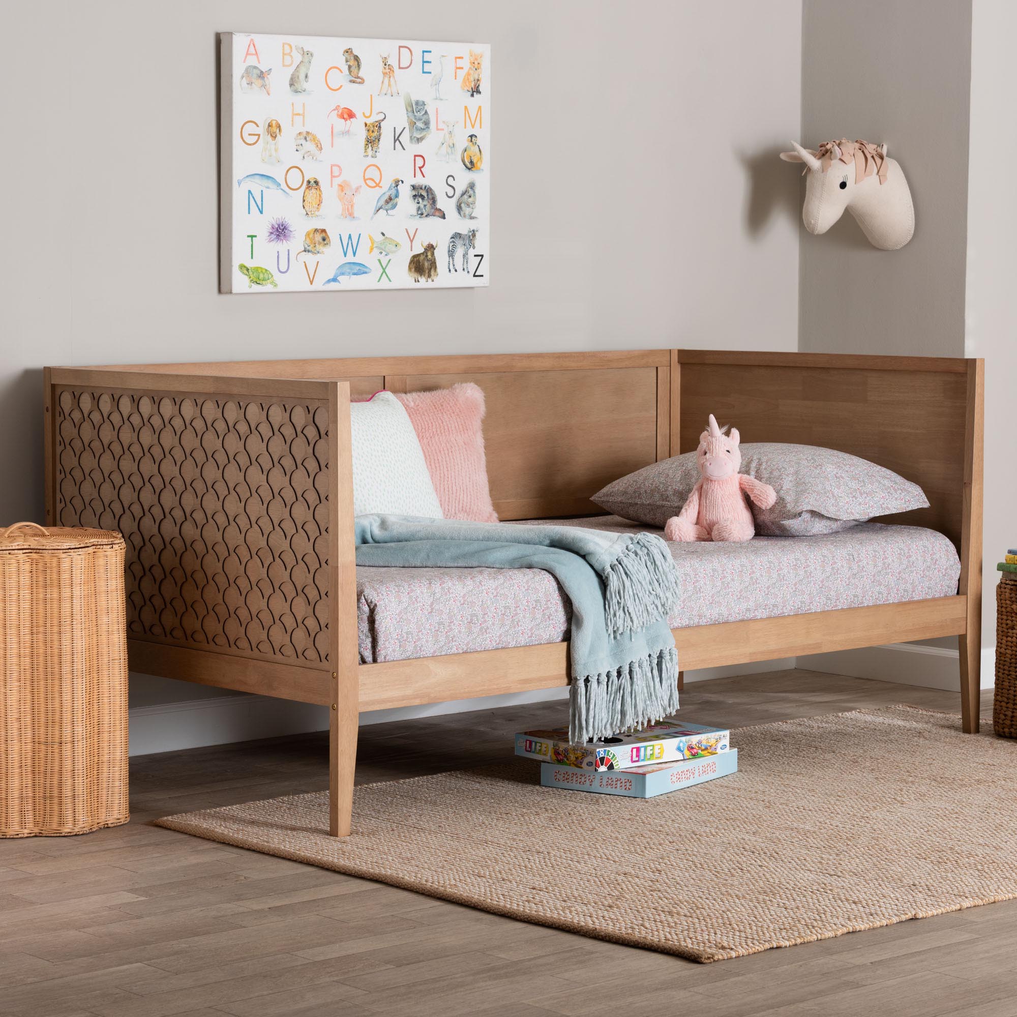 Lara Twin Daybed - Modern Wood Bed Frame with Wraparound Laser-Cut Decorative Headboard Overlay, Oak Brown