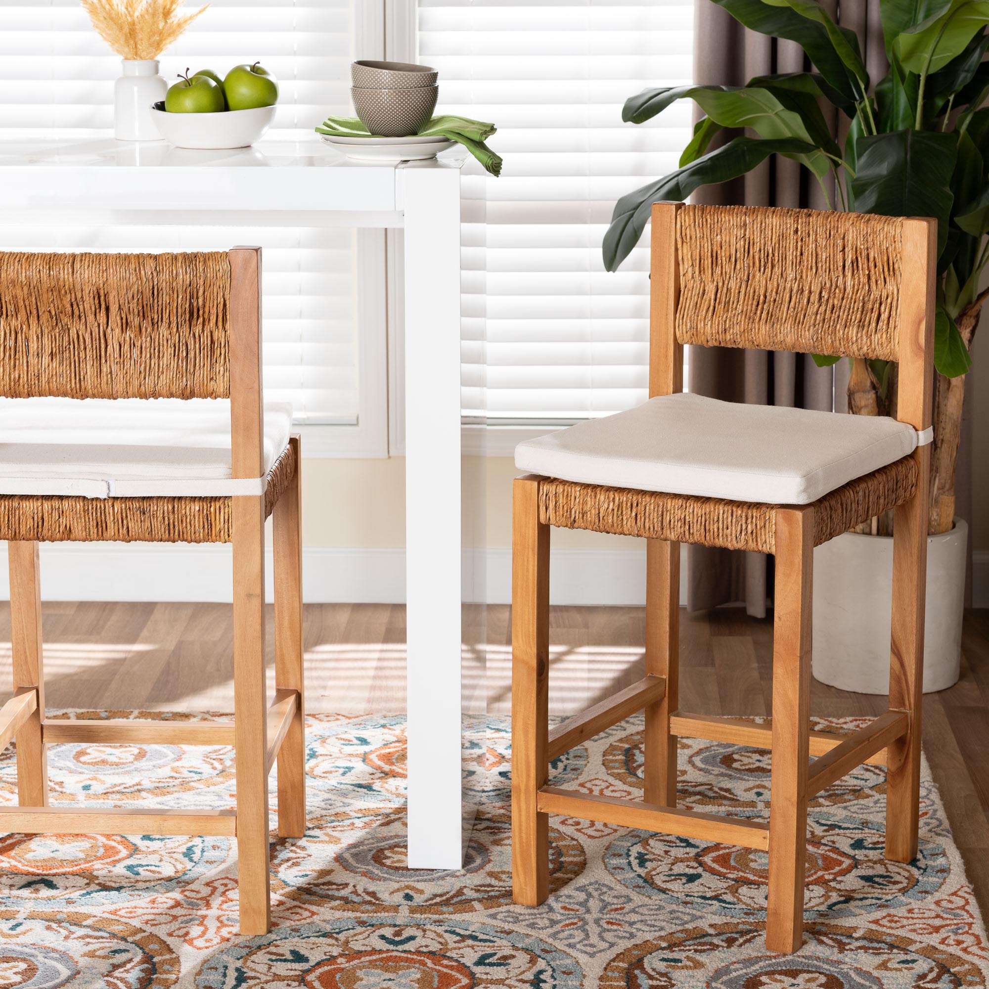 Pava Woven Seagrass Counter Stool - Solid Mahogany Wood Stool with Textured Back, Coastal Boho Seating for Kitchen Island, Counter Height