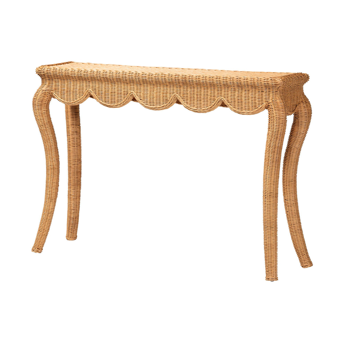 Deborah Natural Rattan Console Table - Handwoven Wicker Accent Table with Cabriole Legs, Scalloped Coastal Cottage Household Complement