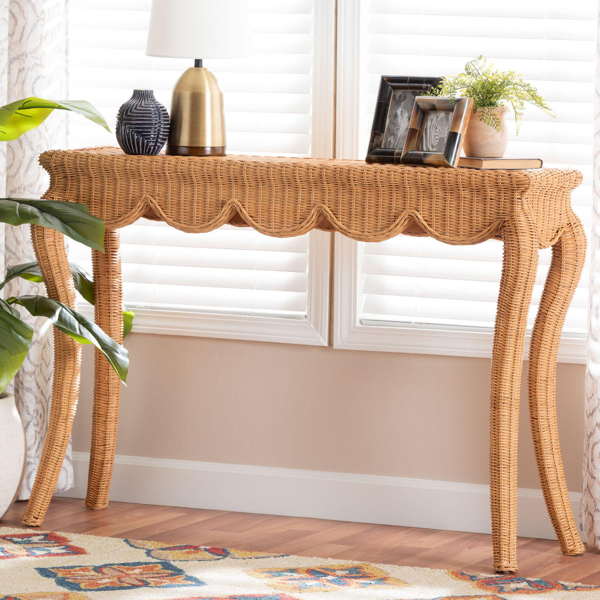 Deborah Natural Rattan Console Table - Handwoven Wicker Accent Table with Cabriole Legs, Scalloped Coastal Cottage Household Complement