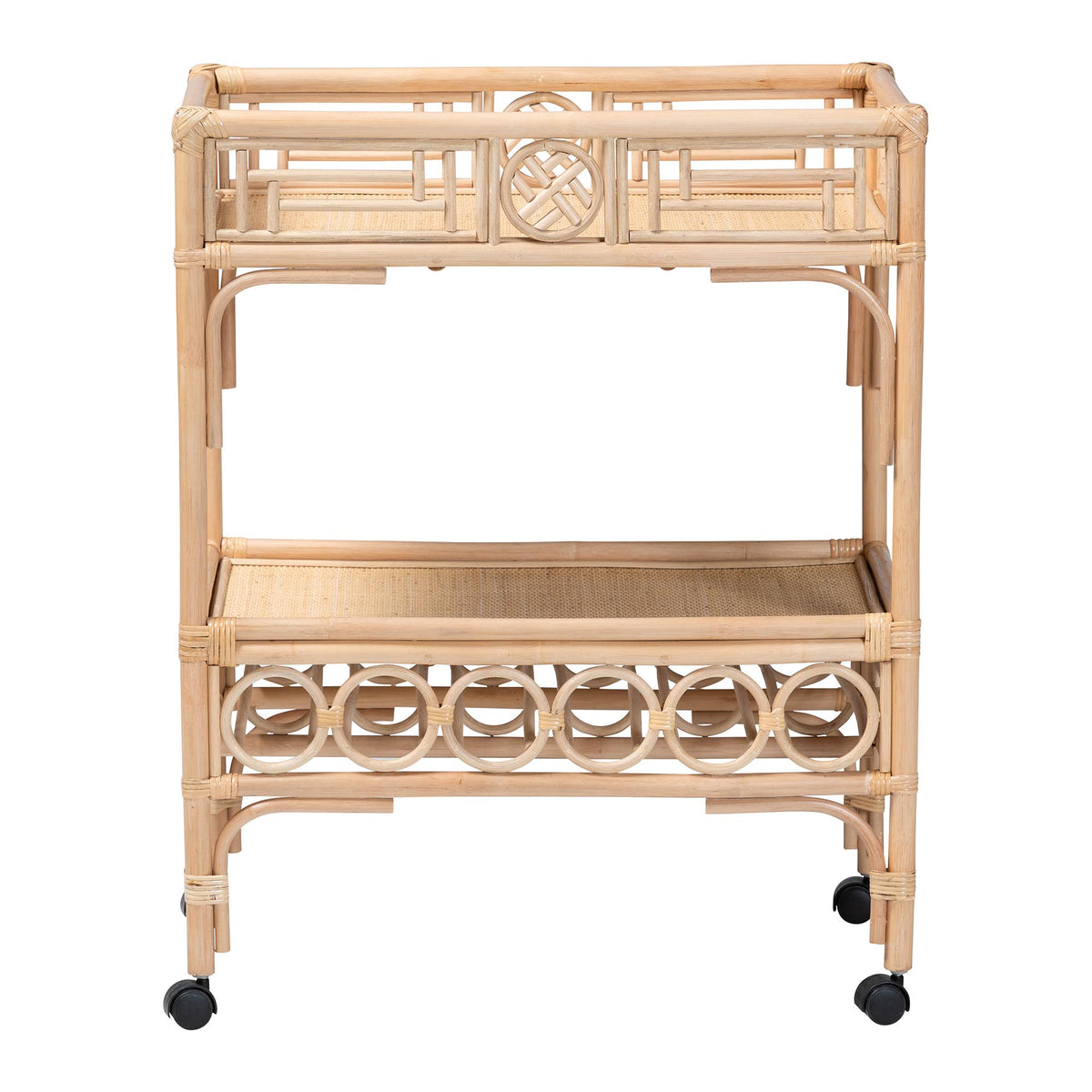 Molina Natural Rattan Wine Cart - 2-Tier Beverage Trolley with Wheel and Bottle Holders, Tropical Coastal Style Furniture