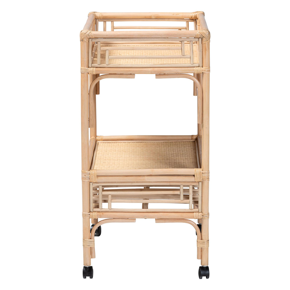 Molina Natural Rattan Wine Cart - 2-Tier Beverage Trolley with Wheel and Bottle Holders, Tropical Coastal Style Furniture