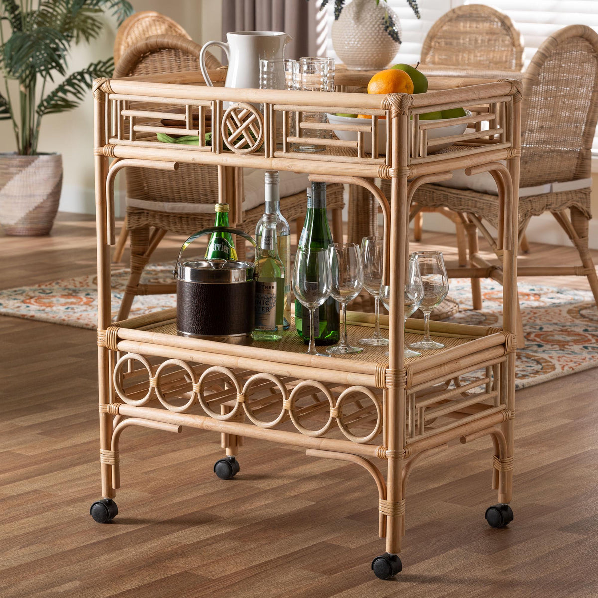 Molina Natural Rattan Wine Cart - 2-Tier Beverage Trolley with Wheel and Bottle Holders, Tropical Coastal Style Furniture