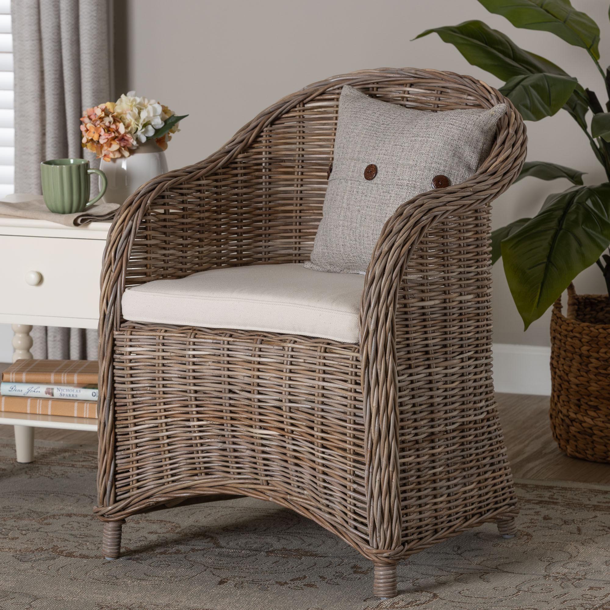 Amanda Natural Rattan Armchair - Handwoven Wicker Barrel Chair with Removable Cushion, Coastal Boho Style Accent Seating