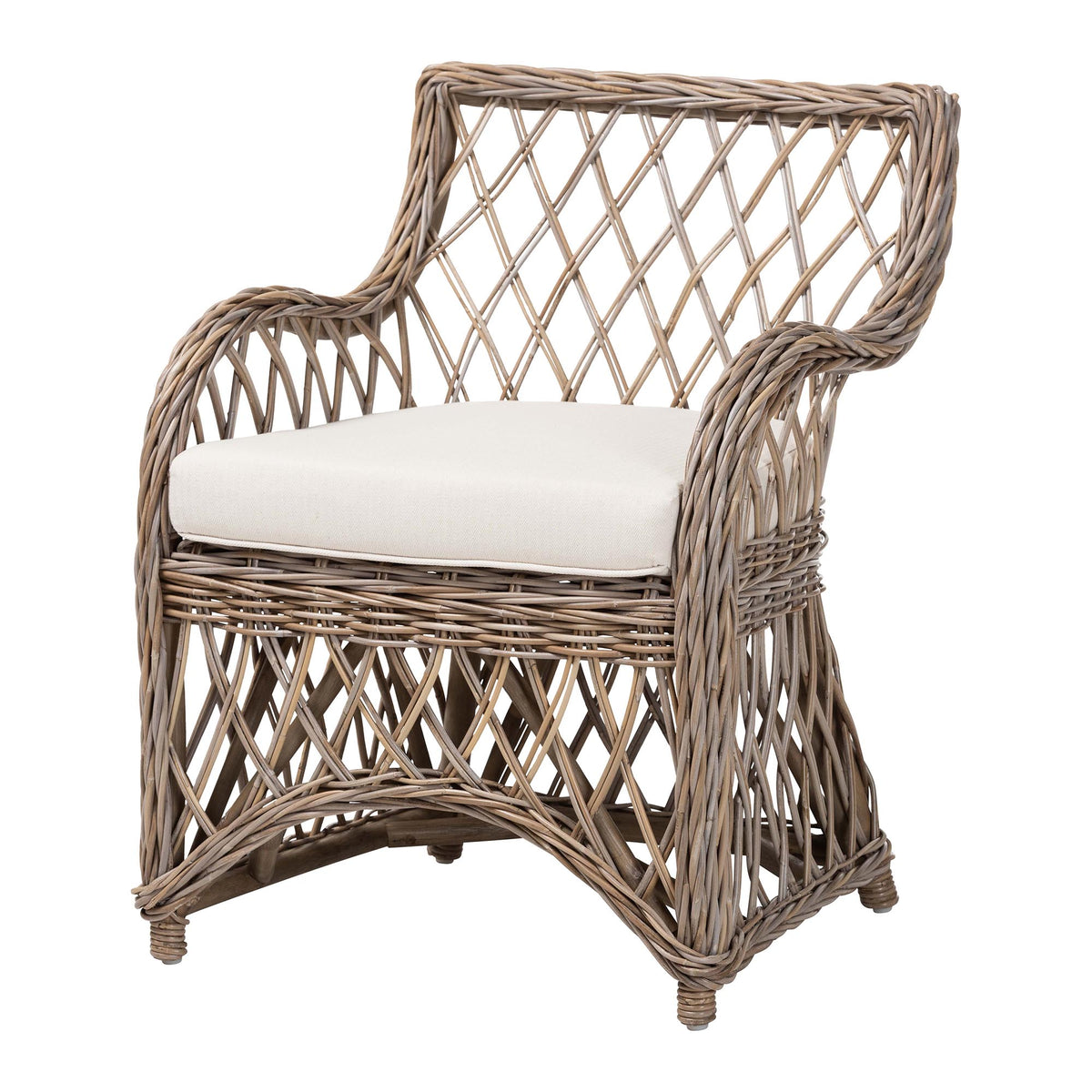 Debra Natural Rattan Armchair - Handwoven Open-Weave Wicker Armchair with Curved Silhouette & Removable Cushion, Coastal Boho Style Seating