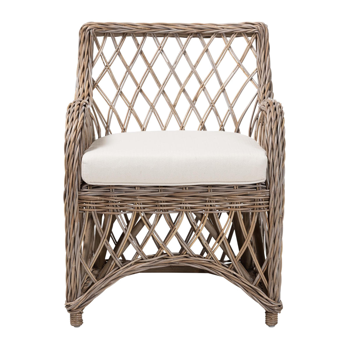 Debra Natural Rattan Armchair - Handwoven Open-Weave Wicker Armchair with Curved Silhouette & Removable Cushion, Coastal Boho Style Seating
