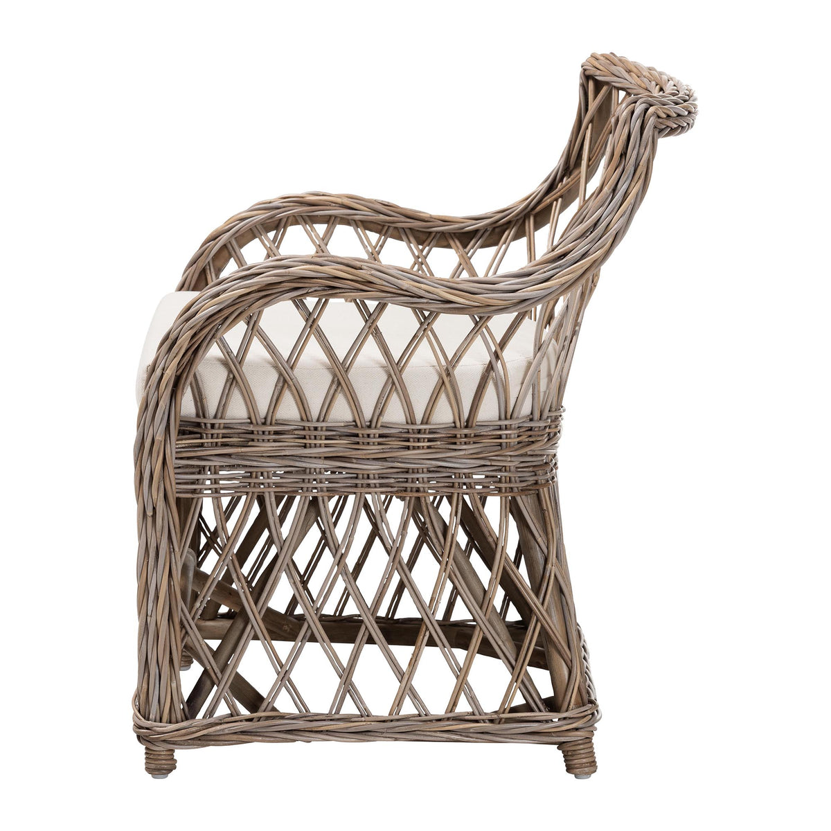 Debra Natural Rattan Armchair - Handwoven Open-Weave Wicker Armchair with Curved Silhouette & Removable Cushion, Coastal Boho Style Seating