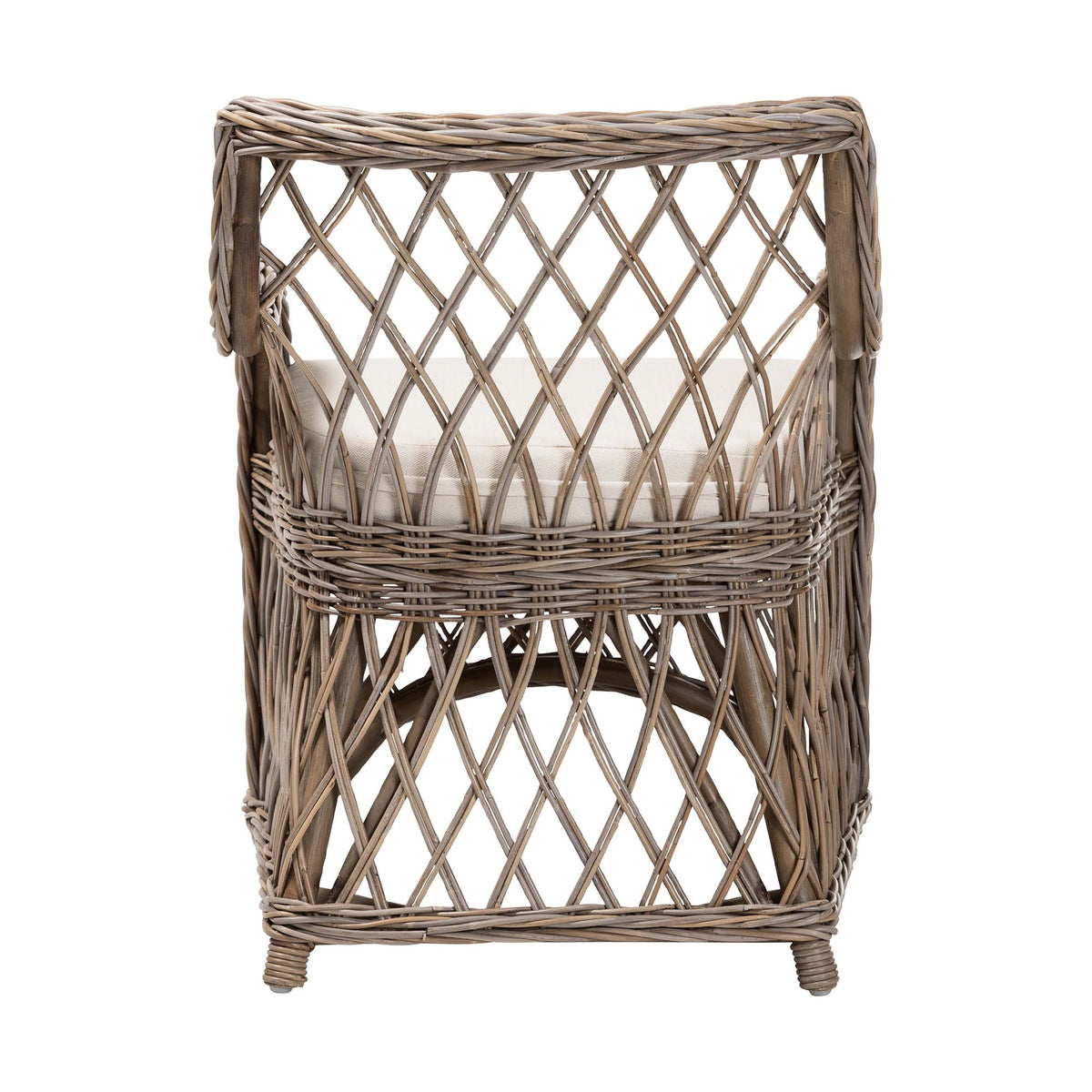 Debra Natural Rattan Armchair - Handwoven Open-Weave Wicker Armchair with Curved Silhouette & Removable Cushion, Coastal Boho Style Seating