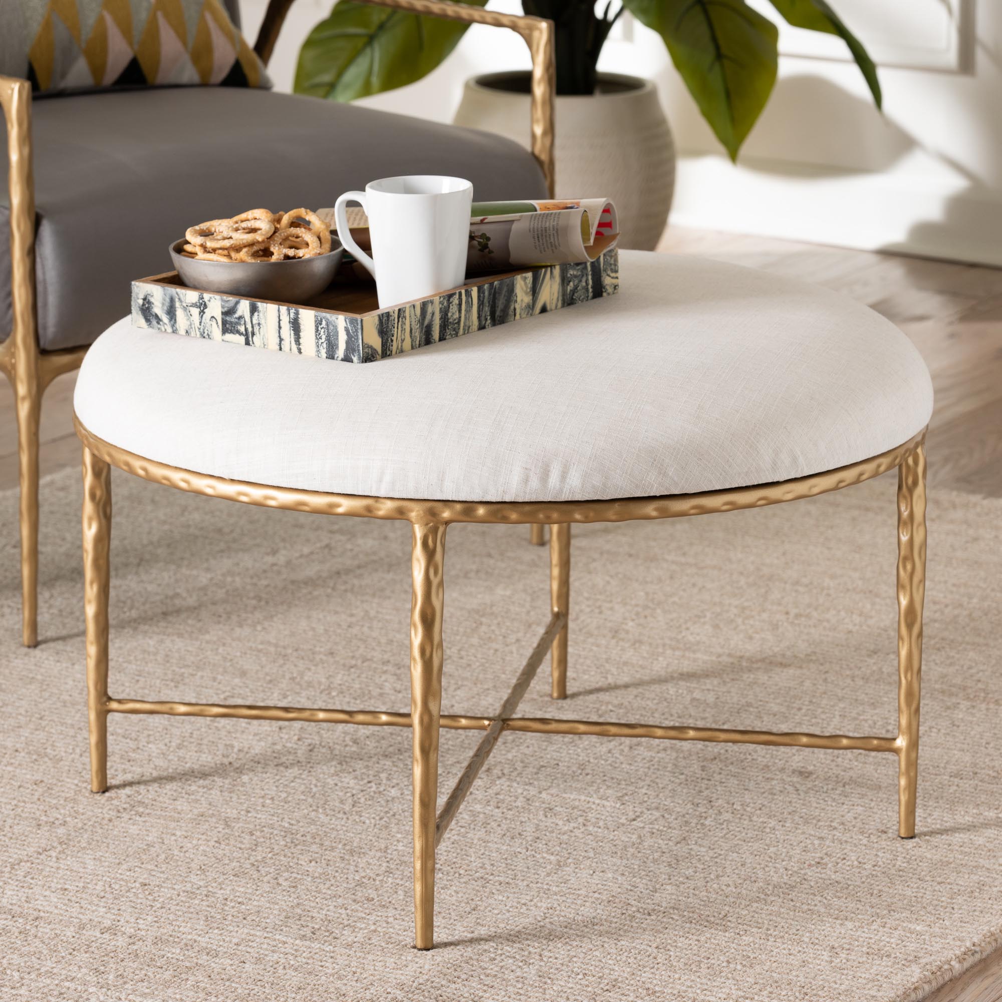 Fumiye Cocktail Ottoman - Modern Rustic Accent Stool with Hand-Forged Metal Frame and Upholstered Seat for Living Room or Sitting Room, Round 30"