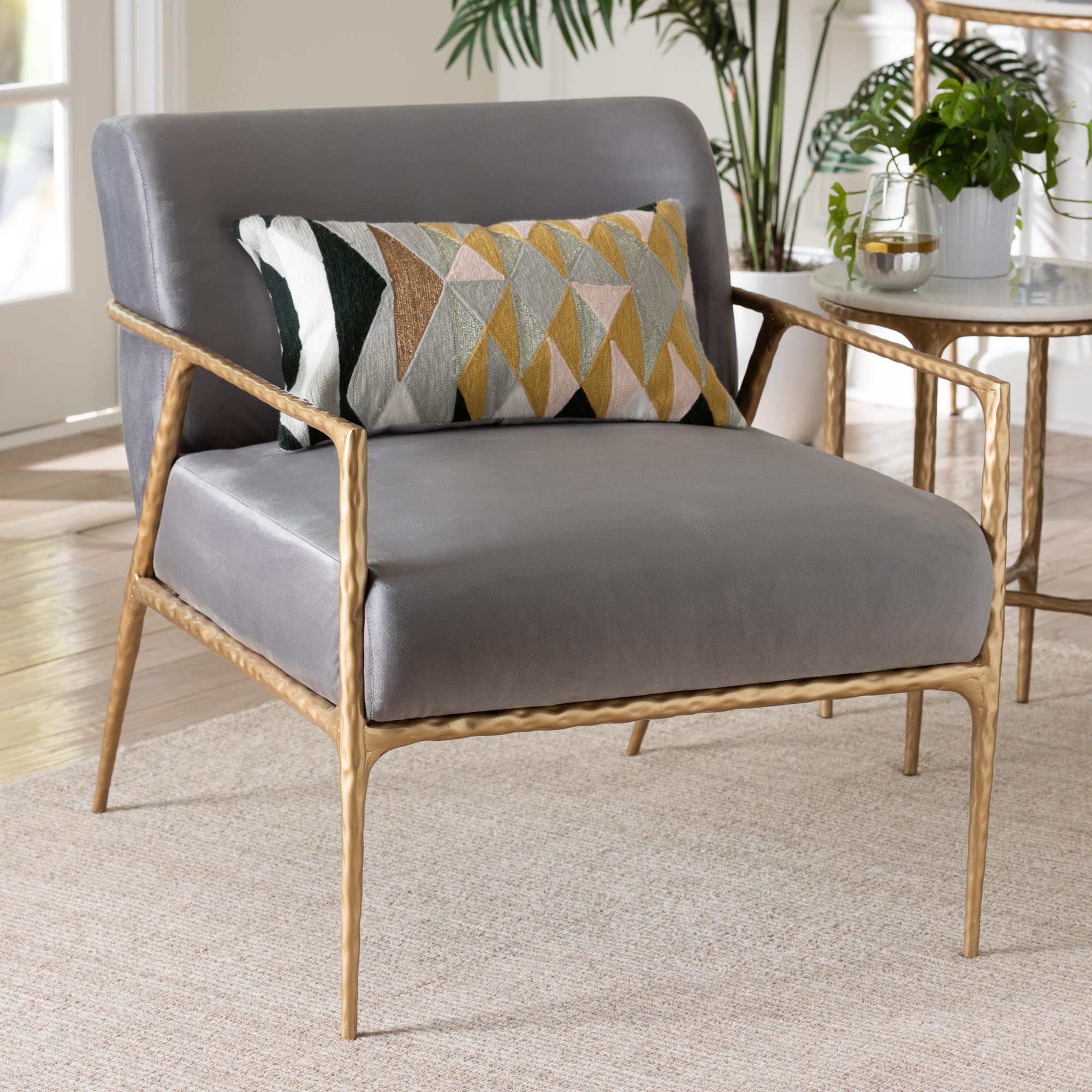 Ilmari Velvet Lounge Chair with Track Arms - Modern Rustic Armchair with Hand-Forged Metal Frame for Living Room or Lounge