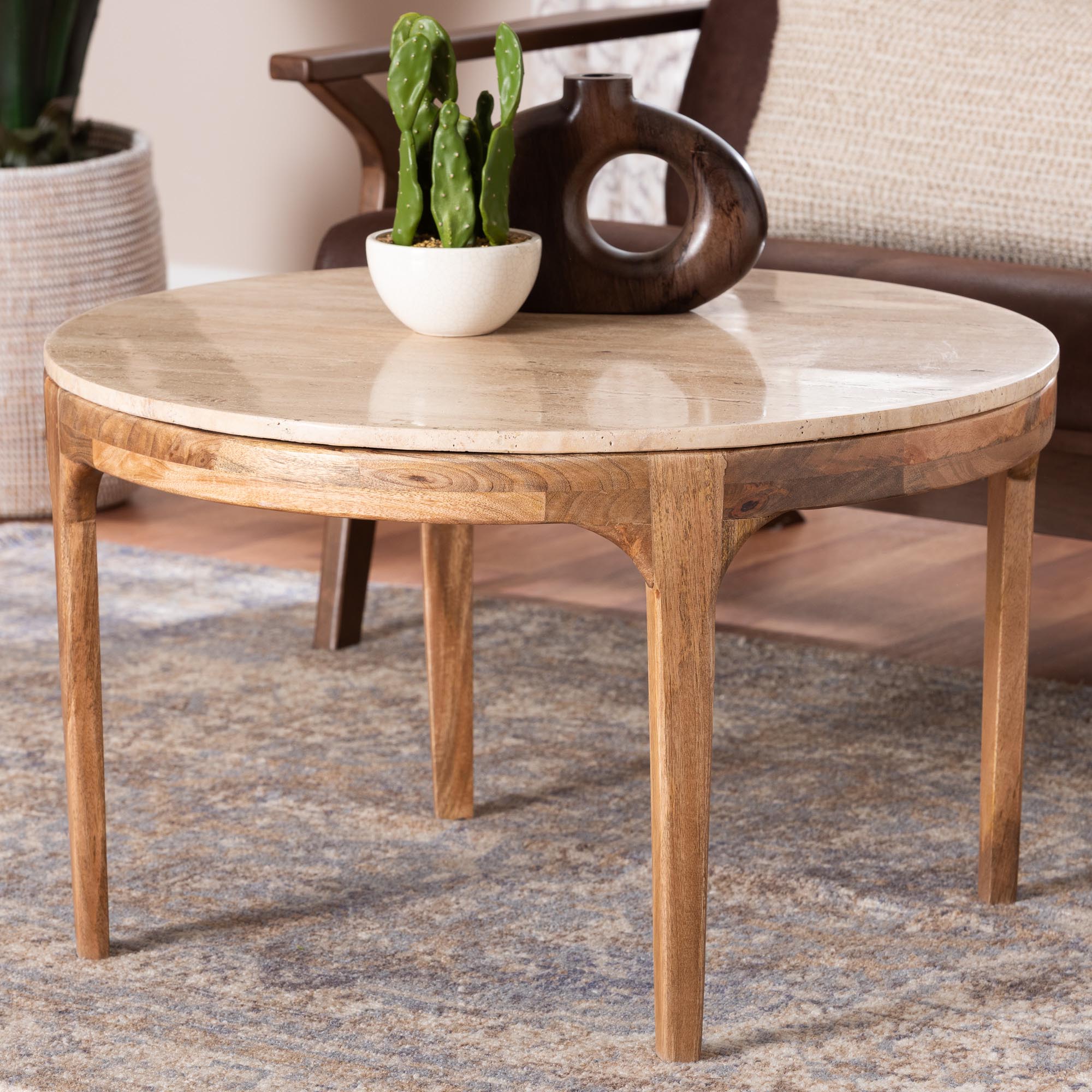 Prospero Round Travertine Coffee Table - Modern Accent Table with Mango Wood Frame for Living Room or Seating Areas