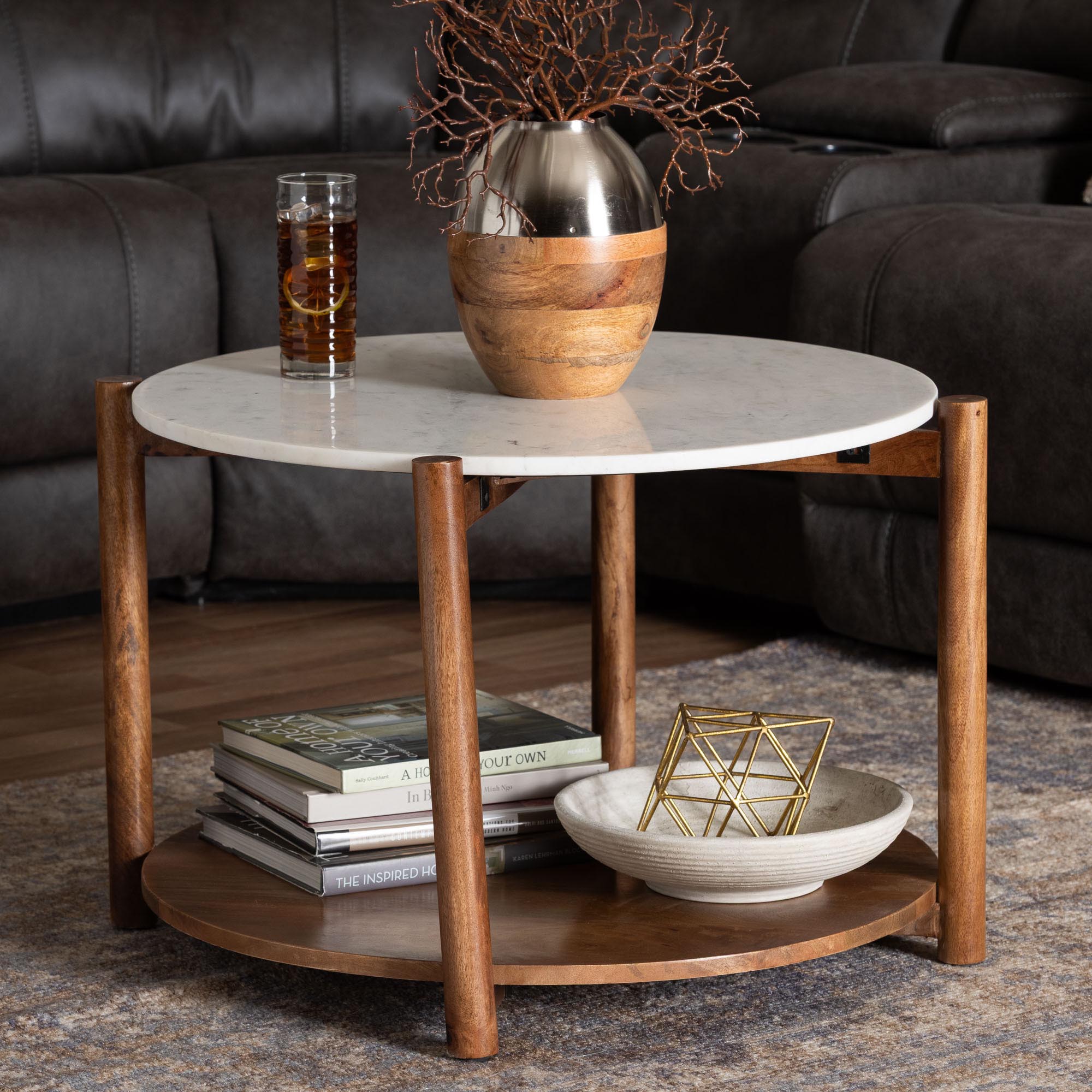 Quindalyn Round Marble Coffee Table - Modern Accent Table with Mango Wood Frame and Open Shelf Storage for Living Room or Seating Areas