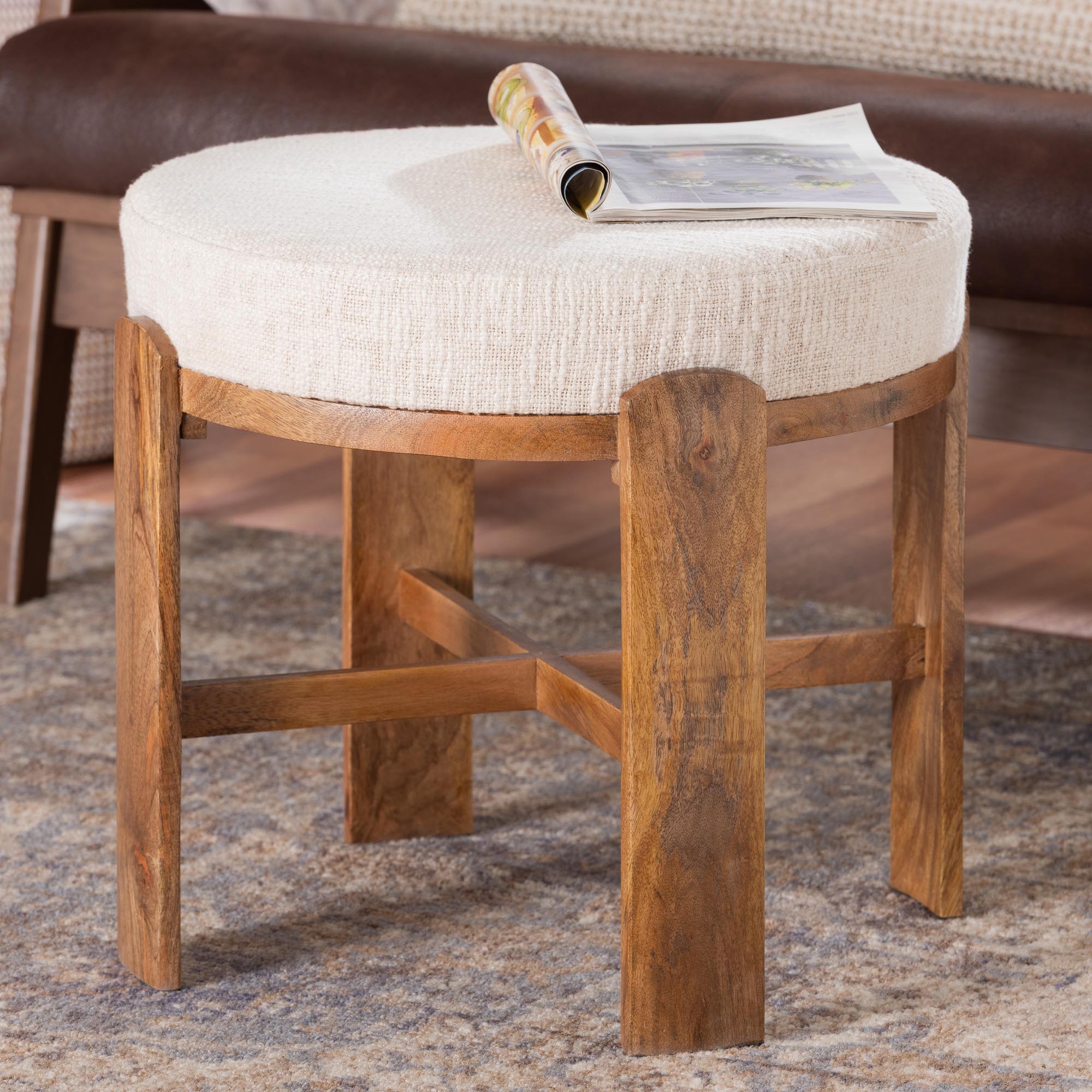 Whitfield Round Fabric Ottoman Stool - Modern Accent Seating or Footstool with Upholstered Cushion and Mango Wood Frame for Living Room, Bedroom, or Lounge Seating