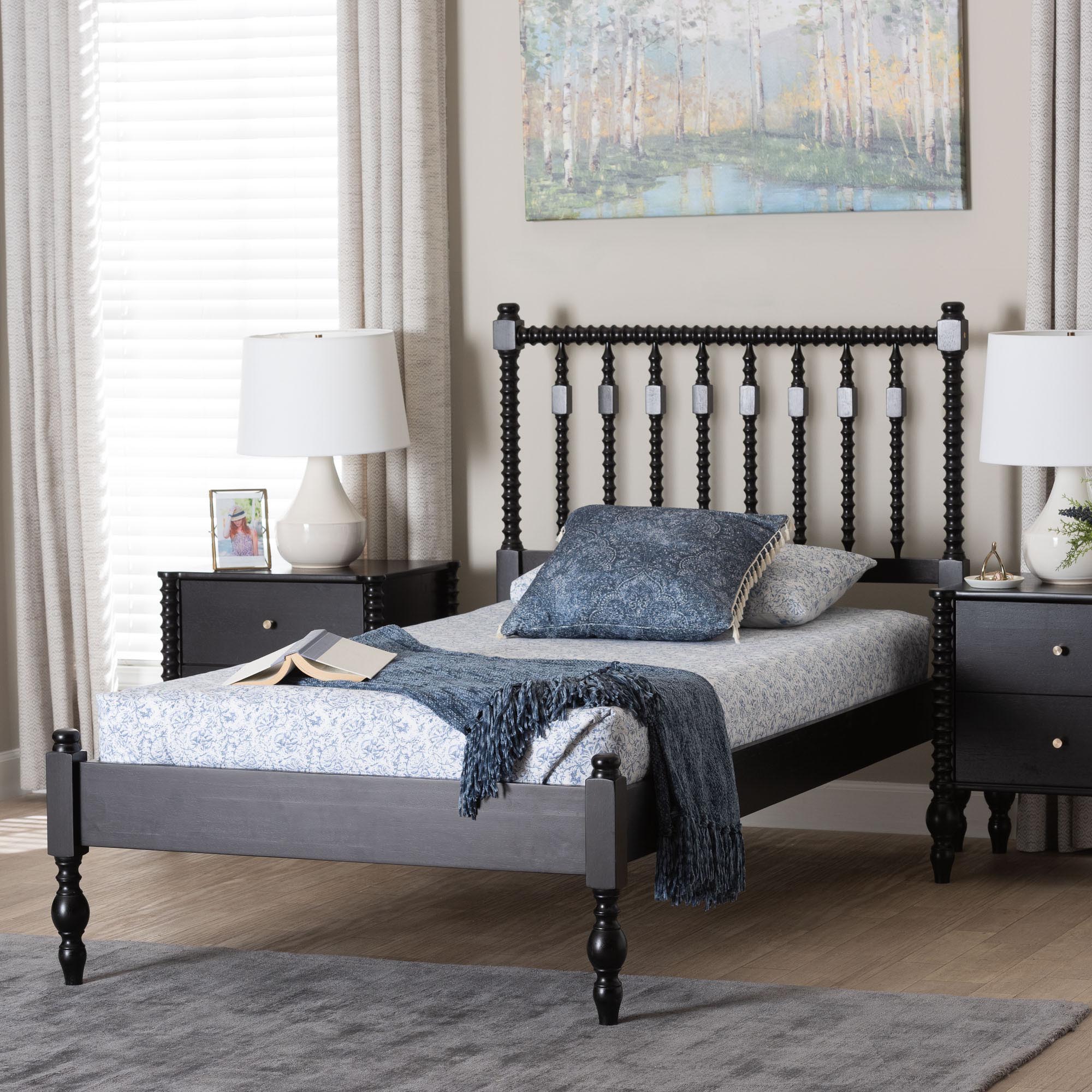 Callison Spindle Platform Bed - Turned Farmhouse Bed Frame with Spoked Headboard and Sculpted Legs, Black, Twin