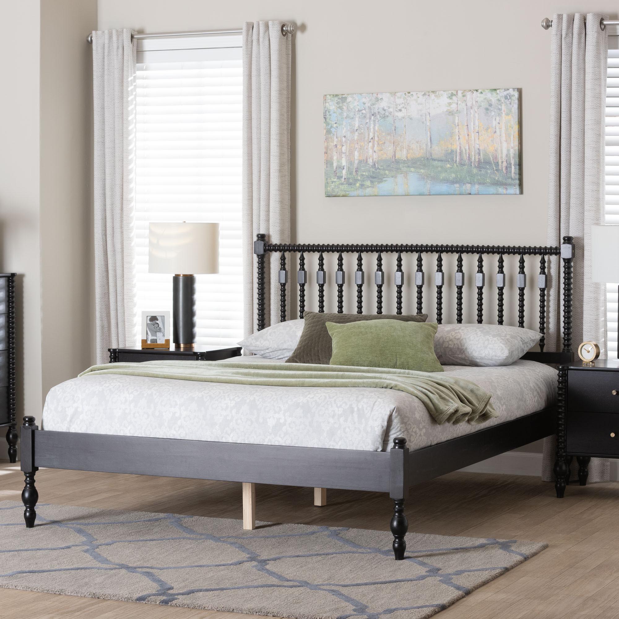 Callison Spindle Platform Bed - Turned Farmhouse Bed Frame with Spoked Headboard and Sculpted Legs, Black, Queen