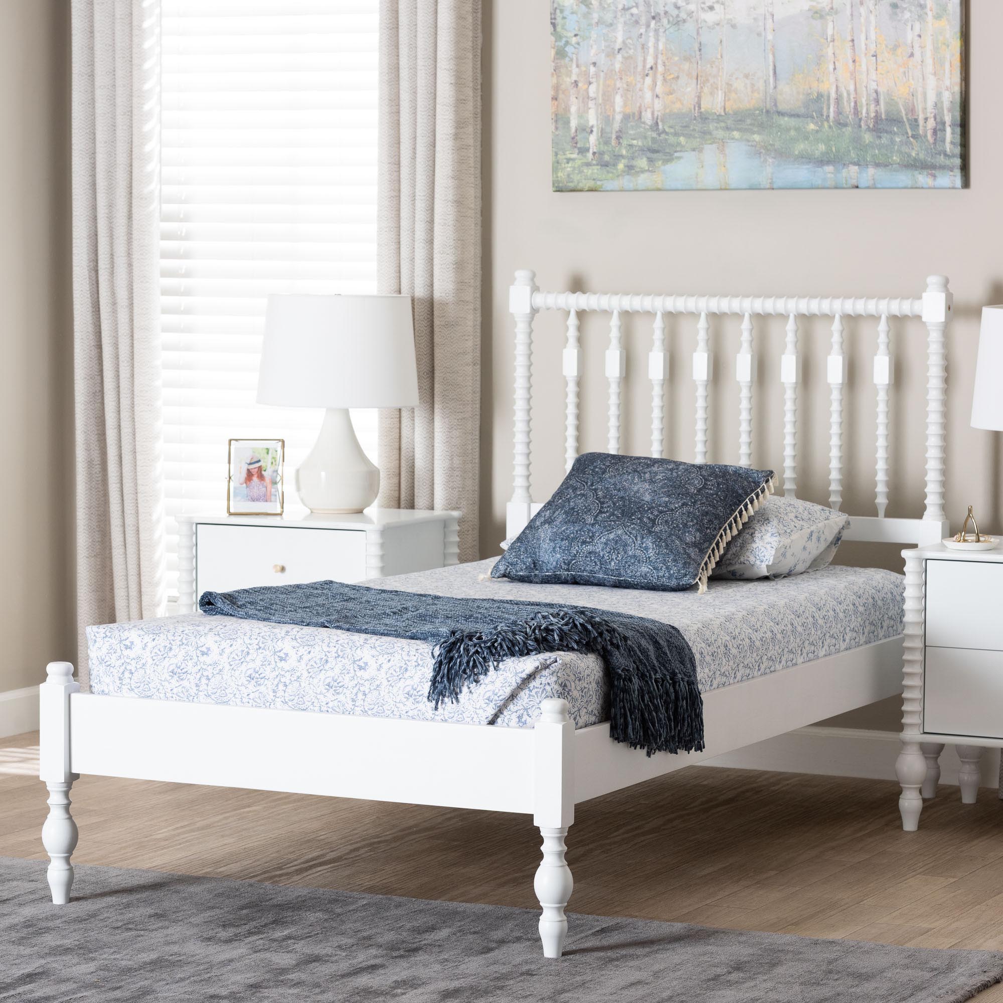 Callison Spindle Platform Bed - Turned Farmhouse Bed Frame with Spoked Headboard and Sculpted Legs, White, Twin