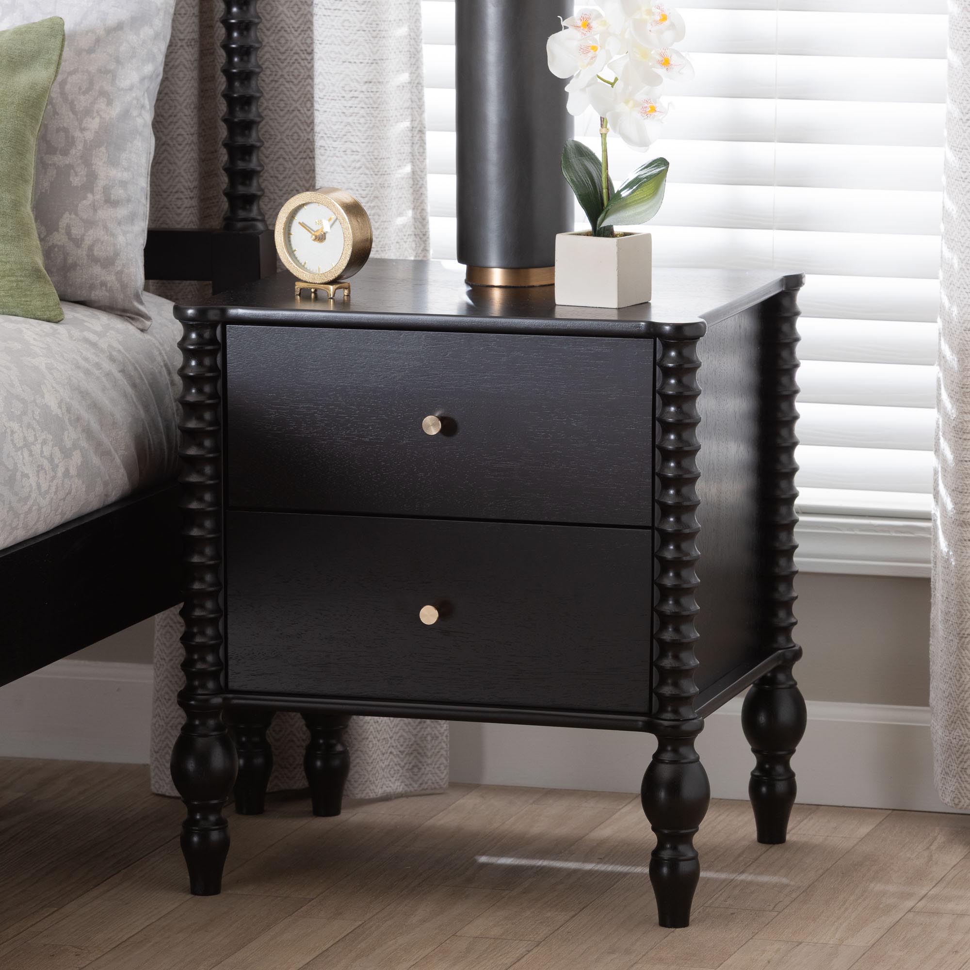 Callison Spindle Nightstand - 2-Drawer Farmhouse Bedside Table with Turned Accents for Bedroom, Black