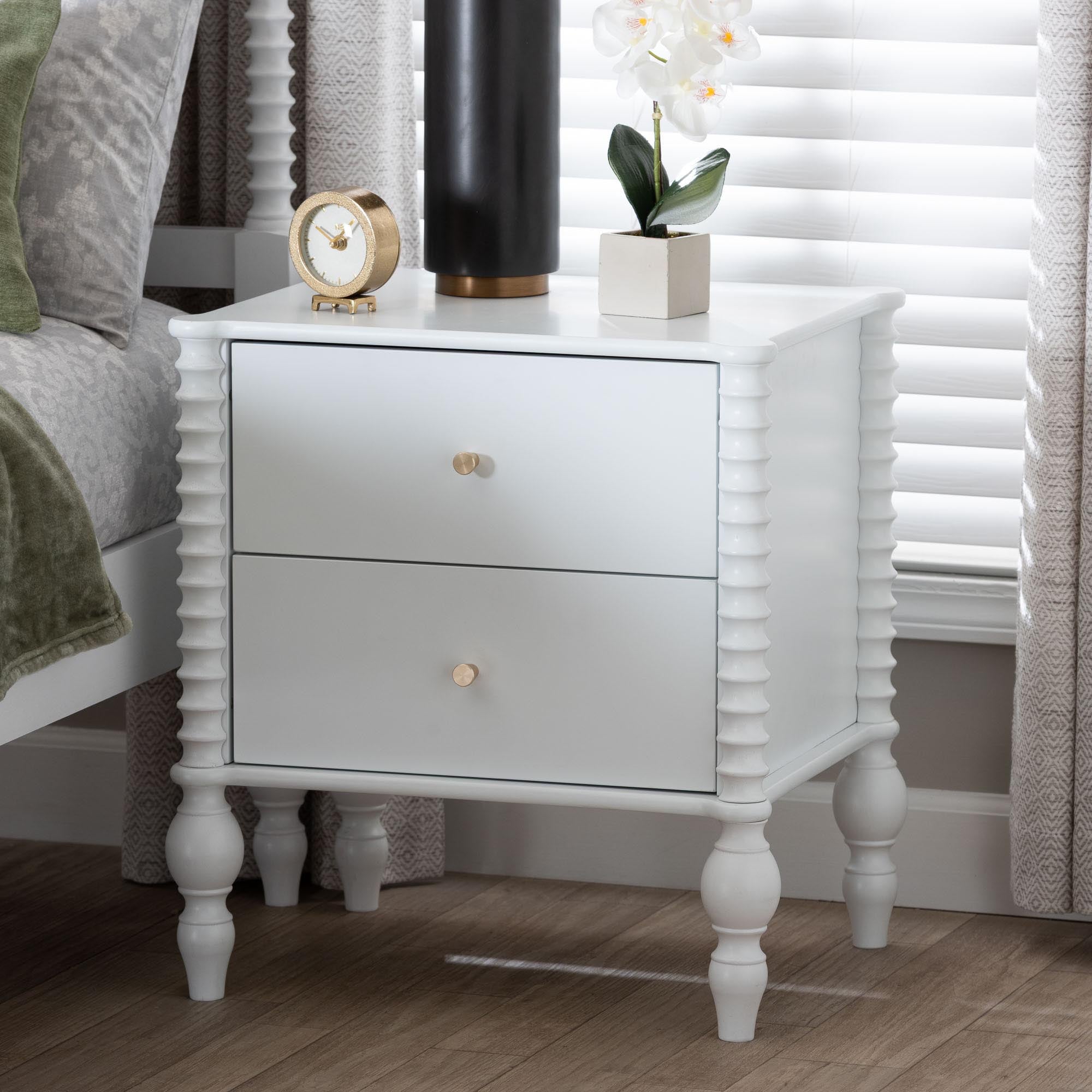 Callison Spindle Nightstand - 2-Drawer Farmhouse Bedside Table with Turned Accents for Bedroom, White
