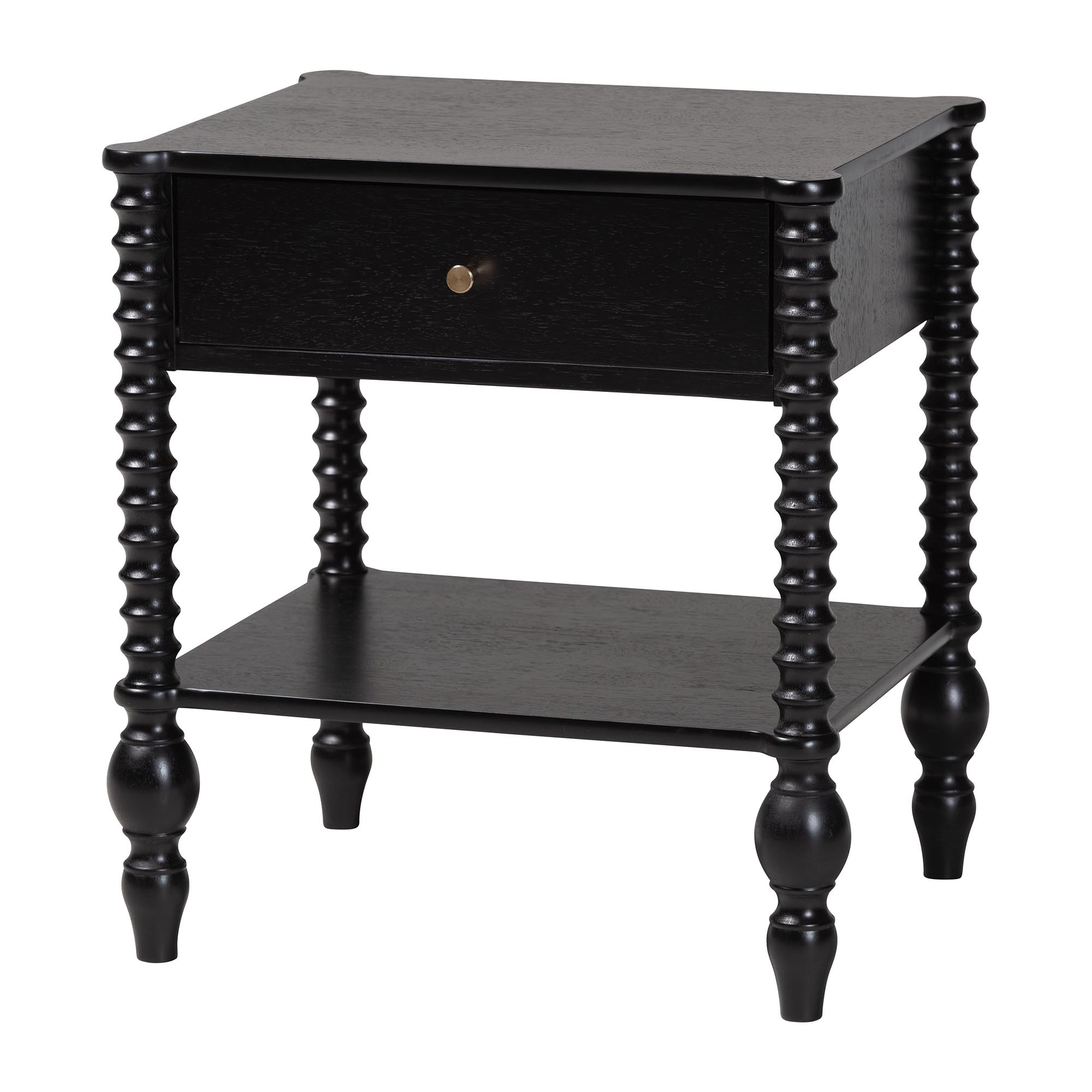 Callison Spindle Nightstand - 1-Drawer Farmhouse Bedside Table with Open Shelf Storage and Turned Accents for Bedroom, Black