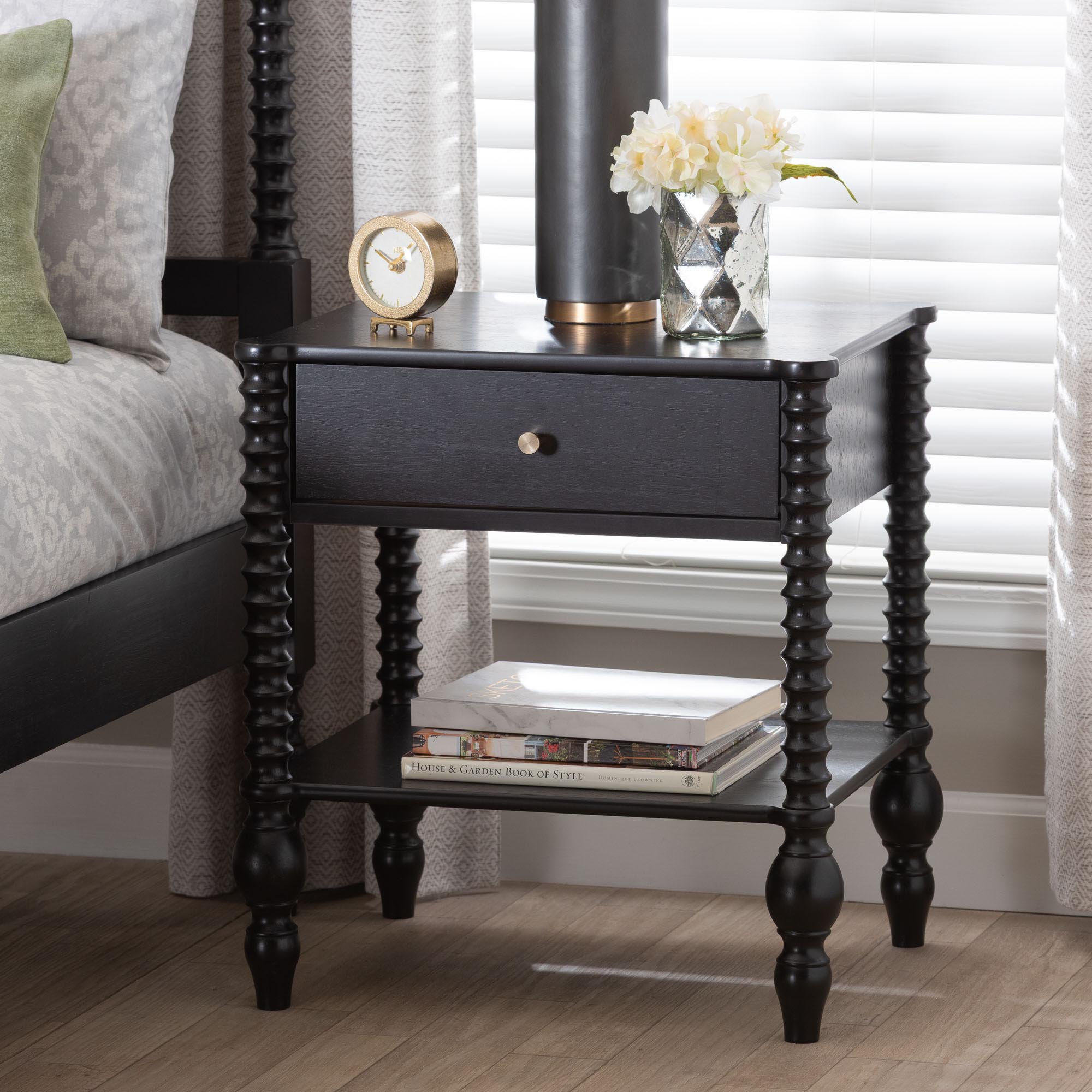 Callison Spindle Nightstand - 1-Drawer Farmhouse Bedside Table with Open Shelf Storage and Turned Accents for Bedroom, Black