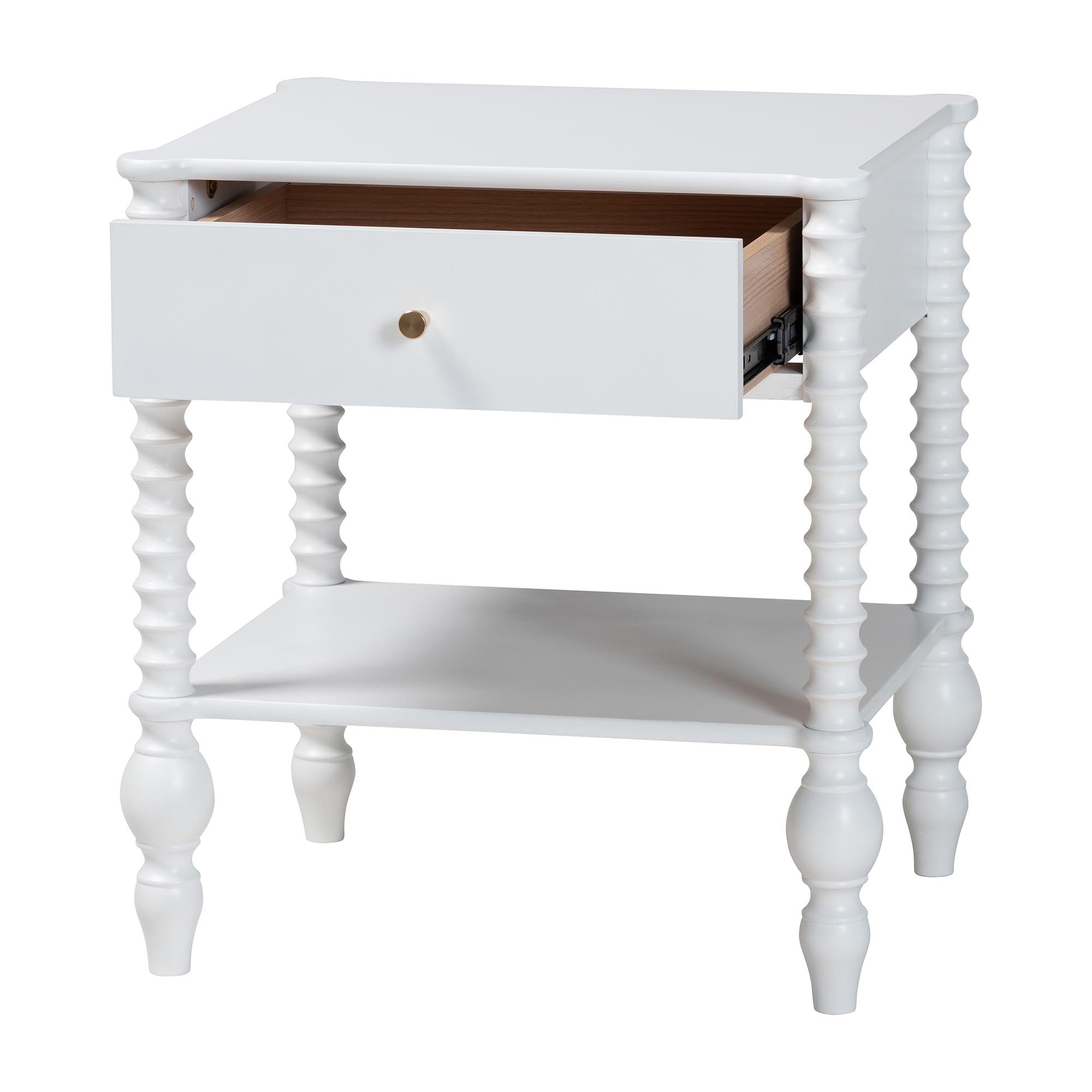 Callison Spindle Nightstand - 1-Drawer Farmhouse Bedside Table with Open Shelf Storage and Turned Accents for Bedroom, White