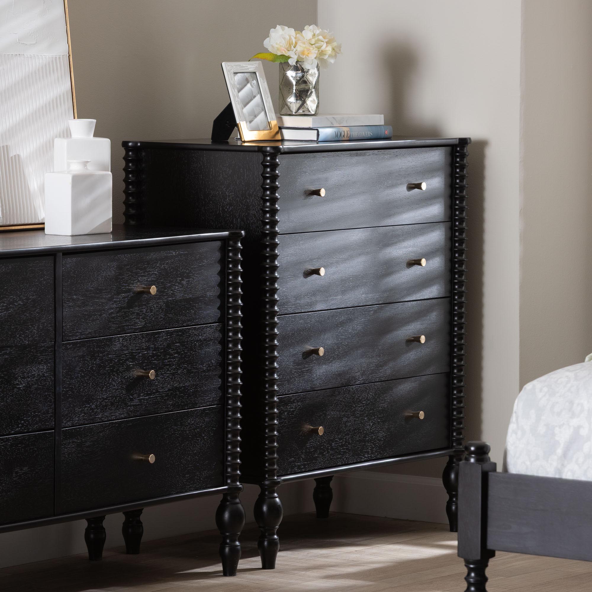 Callison Spindle Chest - 4-Drawer Farmhouse Vertical Cabinet with Turned Accents for Bedroom, Black