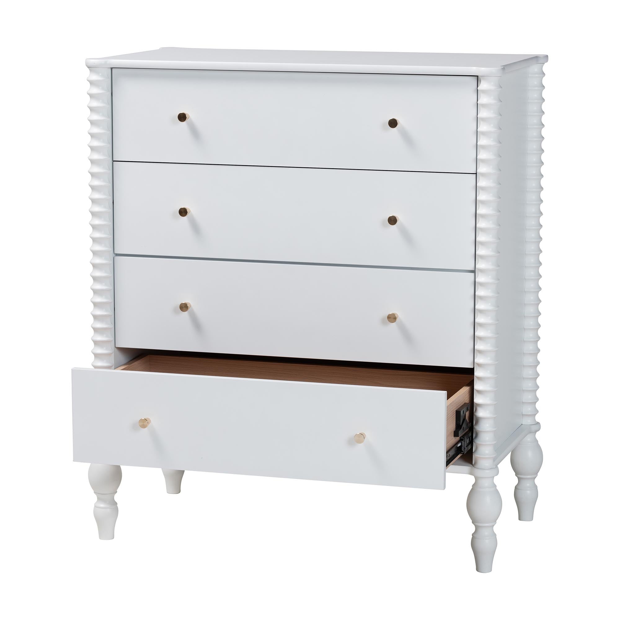 Callison Spindle Chest - 4-Drawer Farmhouse Vertical Cabinet with Turned Accents for Bedroom, White