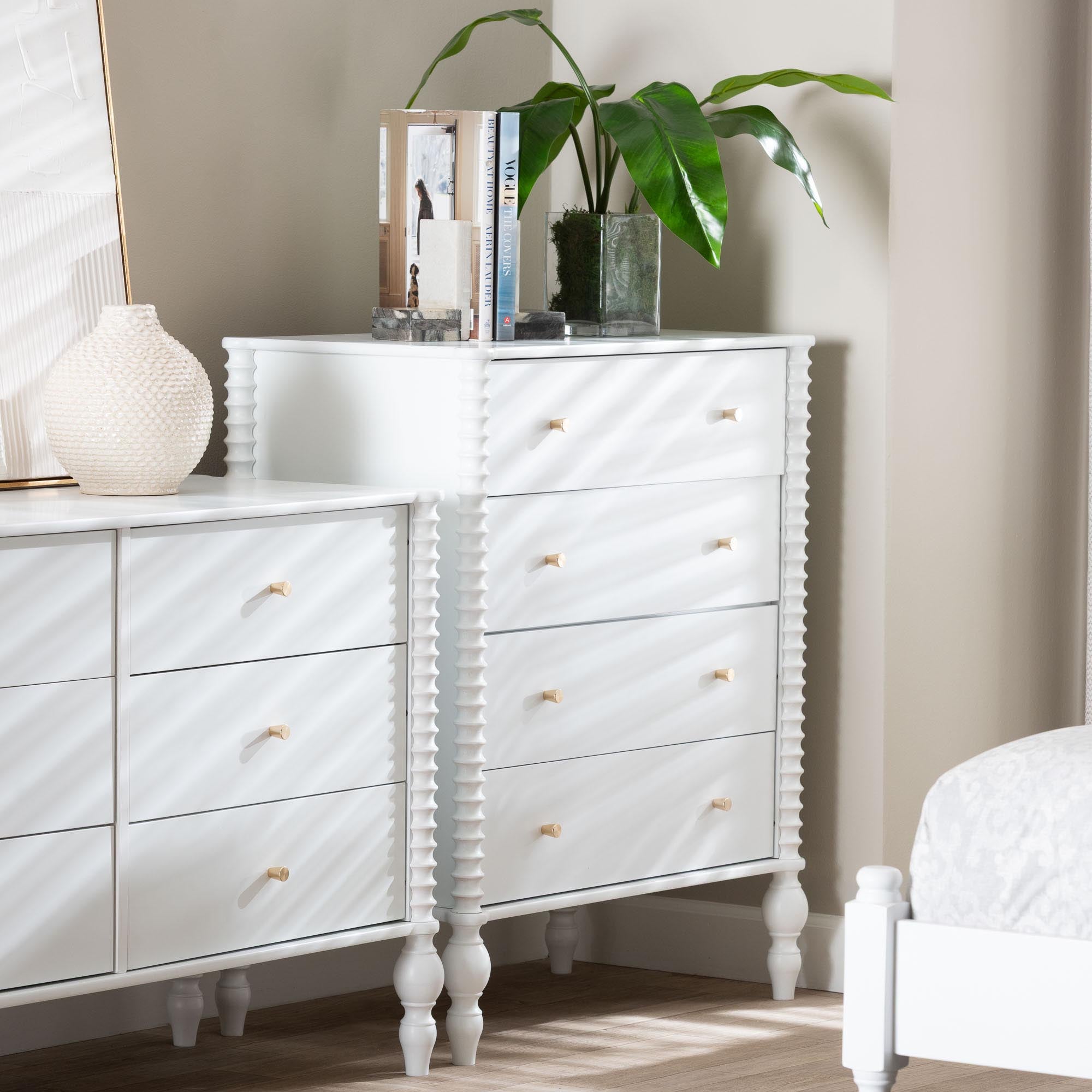 Callison Spindle Chest - 4-Drawer Farmhouse Vertical Cabinet with Turned Accents for Bedroom, White
