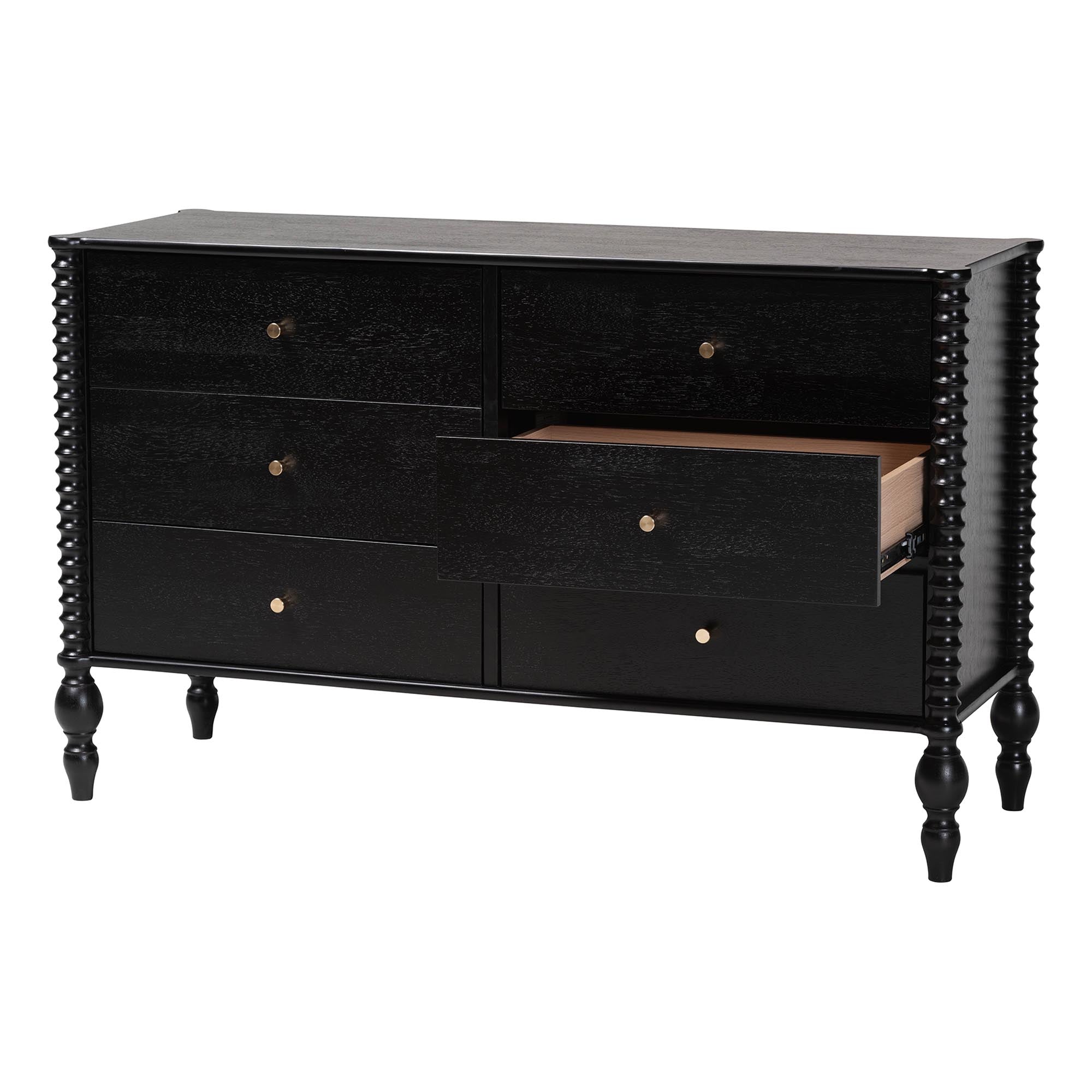 Callison Spindle Dresser - 6-Drawer Farmhouse Horizontal Cabinet with Turned Accents for Bedroom, Black