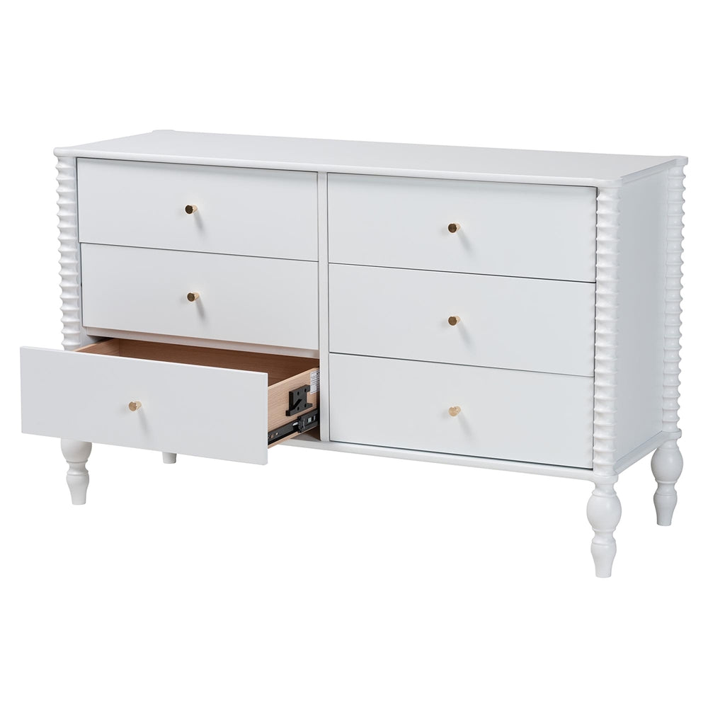 Callison Spindle Dresser - 6-Drawer Farmhouse Horizontal Cabinet with Turned Accents for Bedroom, White