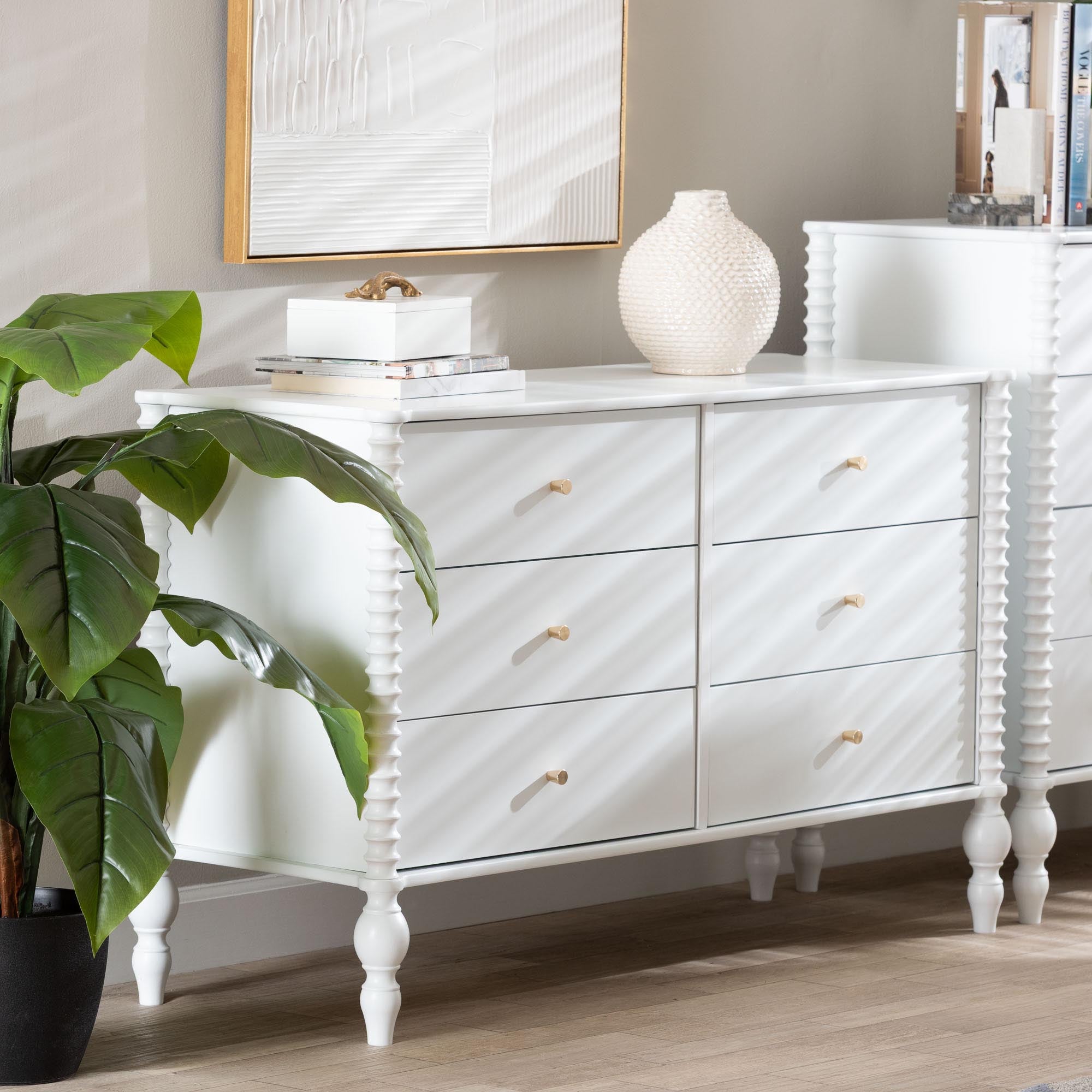 Callison Spindle Dresser - 6-Drawer Farmhouse Horizontal Cabinet with Turned Accents for Bedroom, White