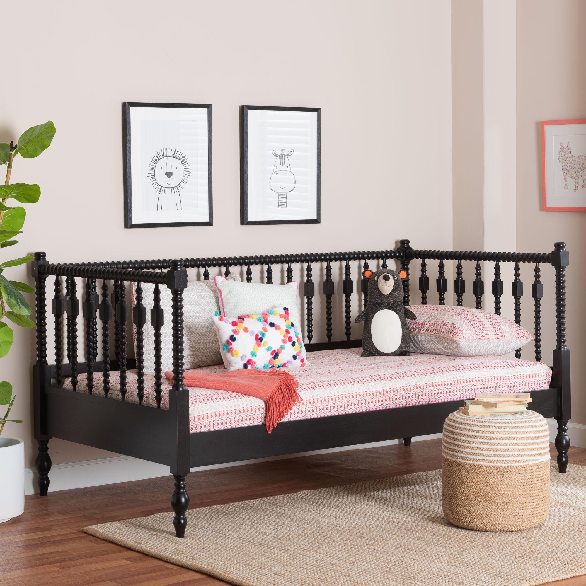 Callison Spindle Daybed - Turned Farmhouse Sofa Bed with Spoked Frame Border for Living Room, Guest Room, or Kids Room, Black, Twin