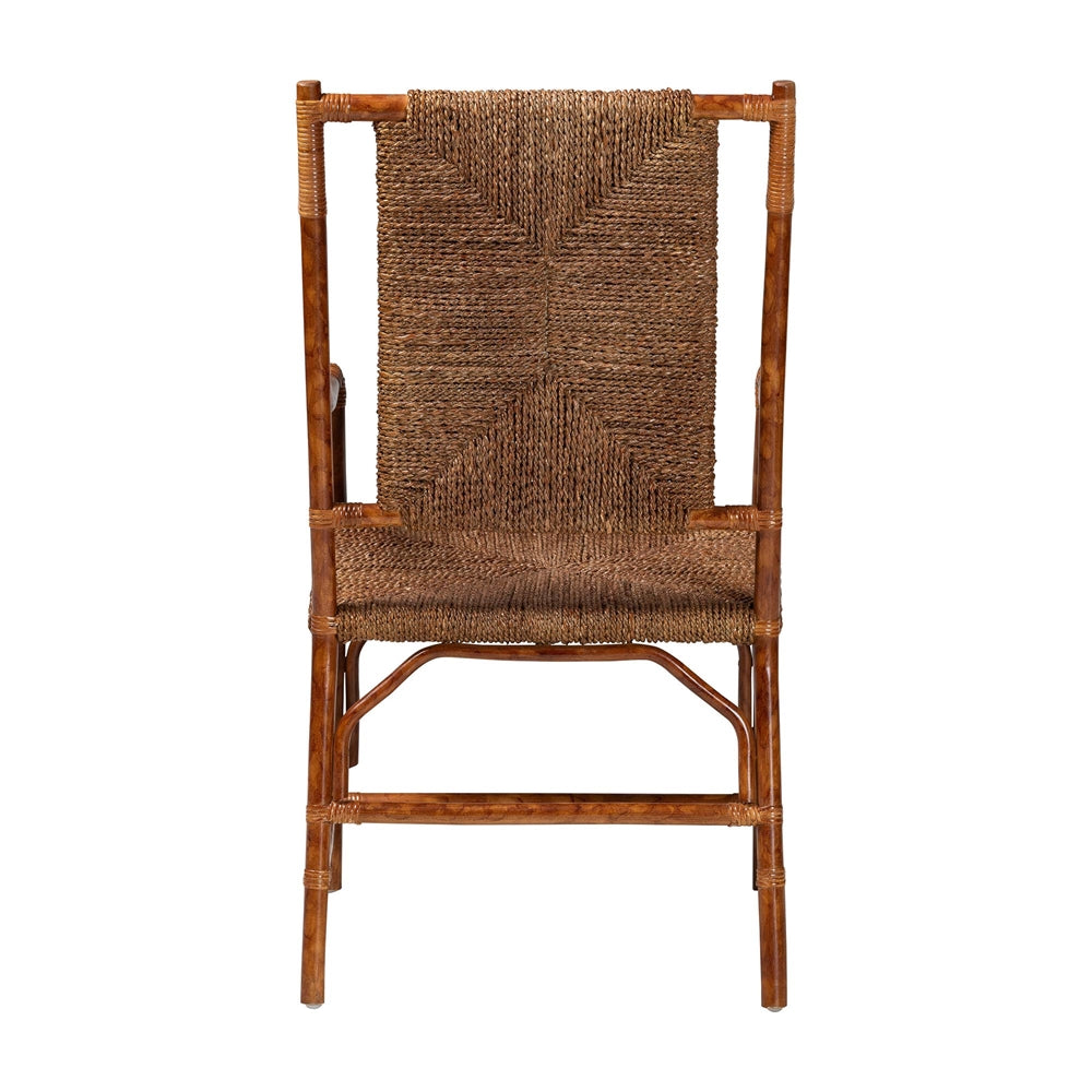 Ramos Marbled Tortoise Natural Rattan and Seagrass Armchair - Handwoven Wicker Chair, Rustic Boho Accent Seating for Living Room or Lounge