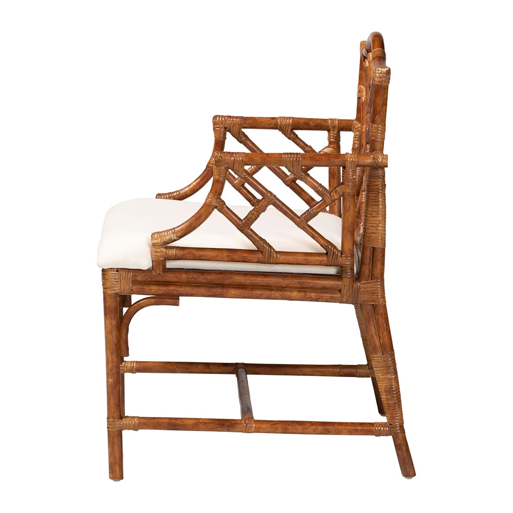 Aella Marbled Tortoise Natural Rattan Armchair - Handcrafted Wicker Accent Seating with Open Back, Boho Coastal Seating for Living Room