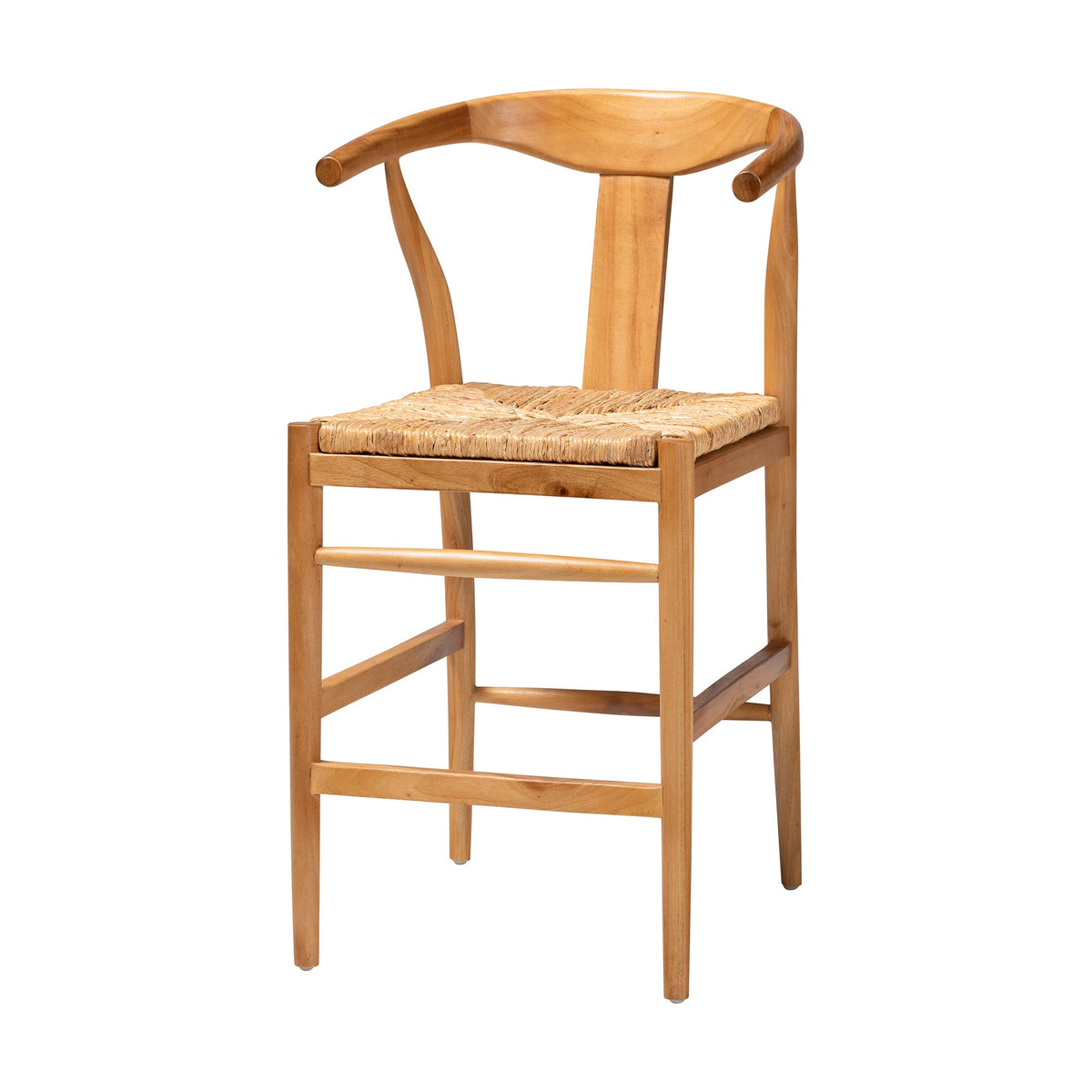 Fika Counter Stool with Woven Seagrass Seat - Handwoven Wicker Stool with Arms and Wishbone Backrest, Boho Coastal Seating for Kitchen Island or Dining Counter