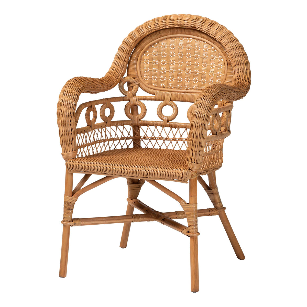 Abigale Natural Rattan Dining Chair - Handwoven Wicker Accent Chair with Arms and Openwork Frame for Kitchen or Dining Room