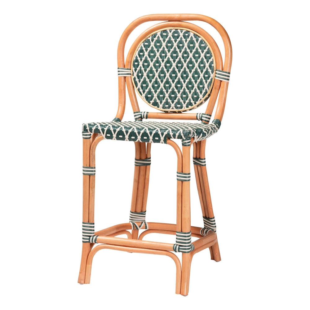 Mattie Rattan Bistro Counter Stool - Handwoven Accent Seating with Backrest for Kitchen Island or Indoor/Outdoor Lounge, Green