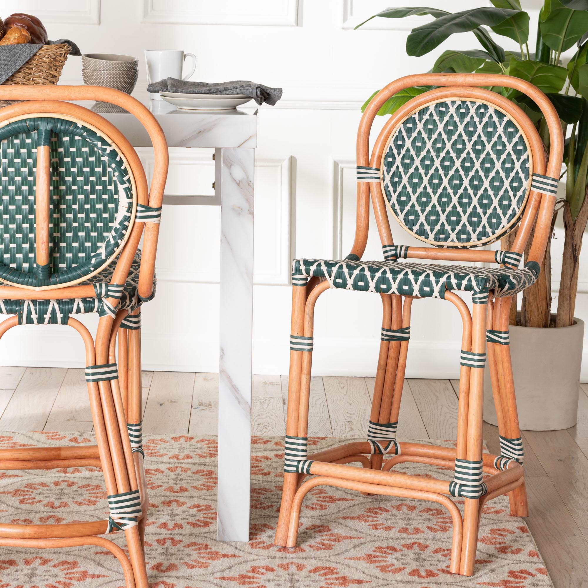 Mattie Rattan Bistro Counter Stool - Handwoven Accent Seating with Backrest for Kitchen Island or Indoor/Outdoor Lounge, Green