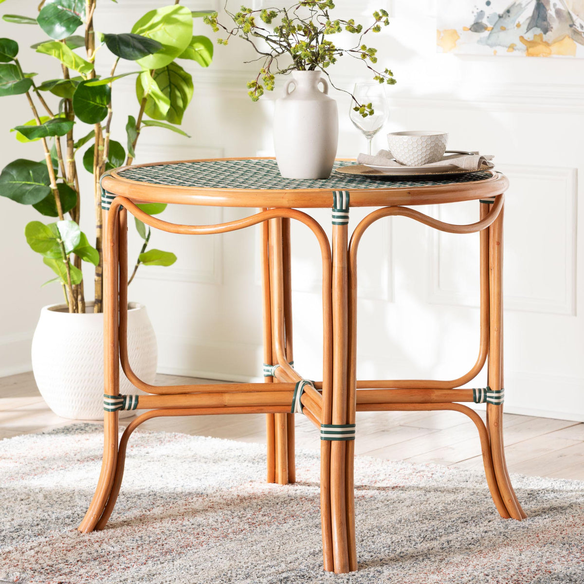Mattie Natural Rattan Round Bistro Dining Table - Handwoven Cafe-Style Accent Table for Kitchen or Indoor/Outdoor Lounge, Green