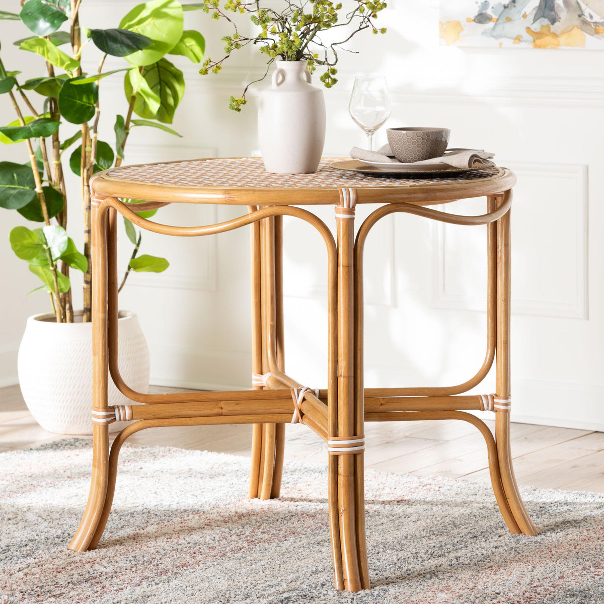 Mattie Natural Rattan Round Bistro Dining Table - Handwoven Cafe-Style Accent Table for Kitchen or Indoor/Outdoor Lounge, Beige
