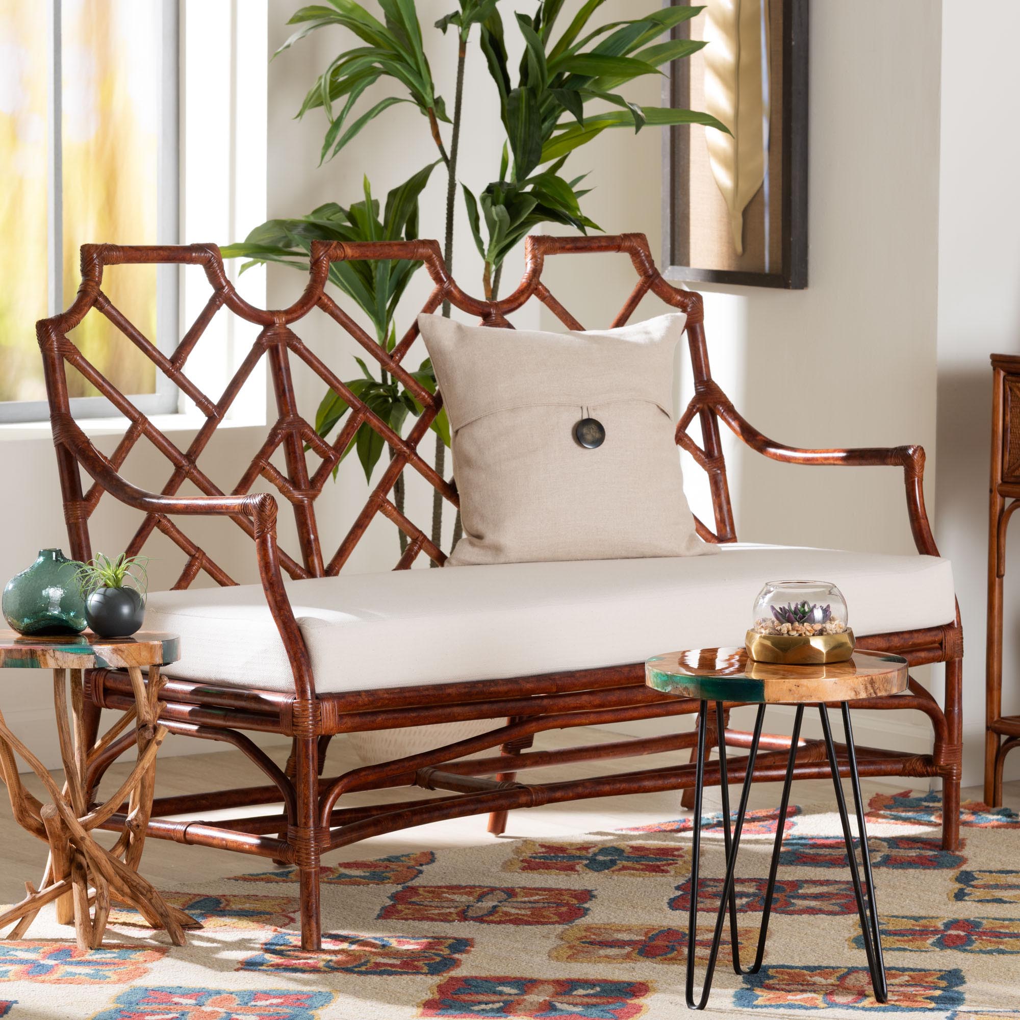 Aella Marbled Tortoise Natural Rattan Loveseat Bench with Cushion - Handcrafted Boho Style Settee with Open Back and Curved Arms for Living Room, Entryway or Sunroom