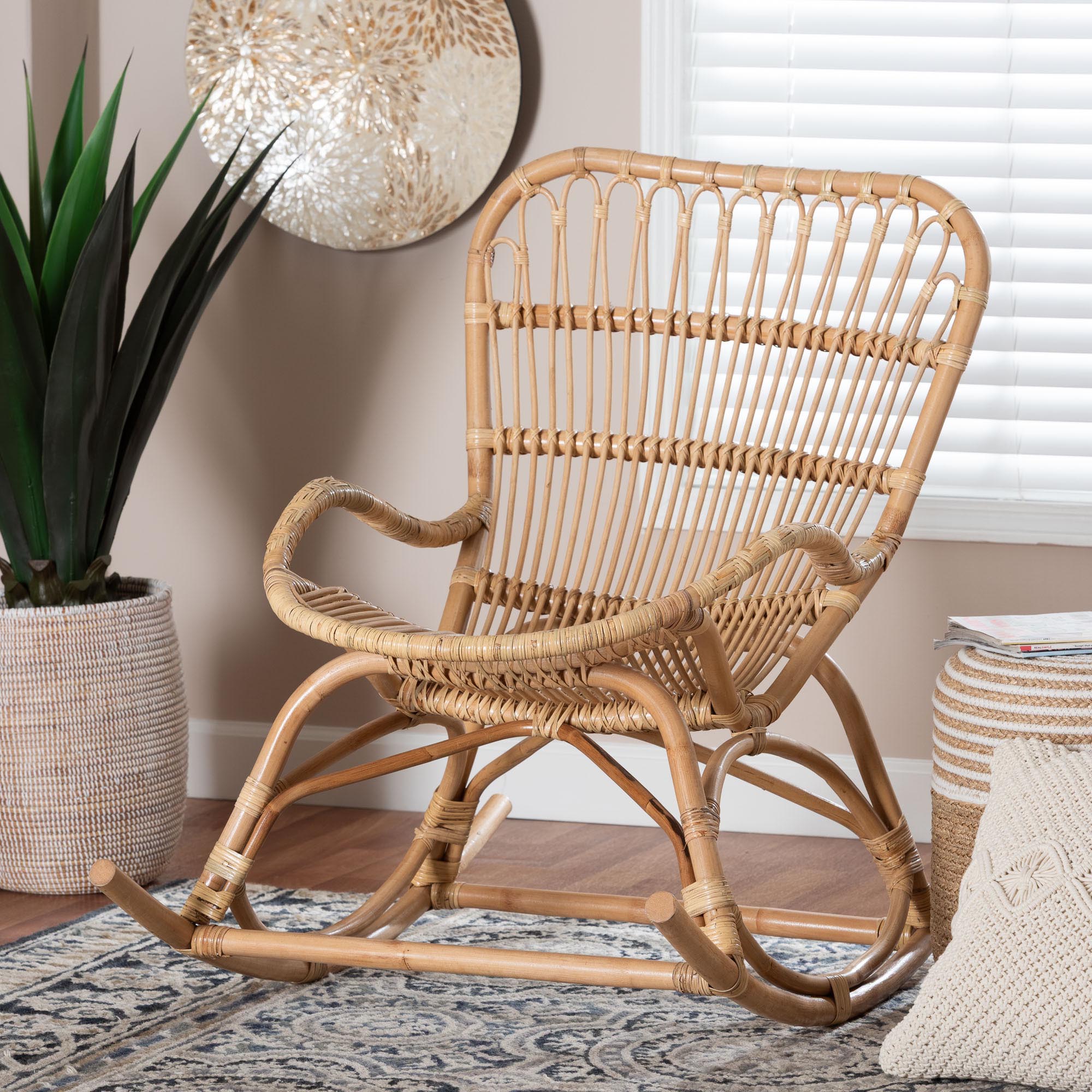 Mahin Natural Rattan Rocking Chair - Handwoven Wicker Accent Rocker with Curved Armrests and High Back, Boho Coastal Lounge Chair for Living Room or Sunroom