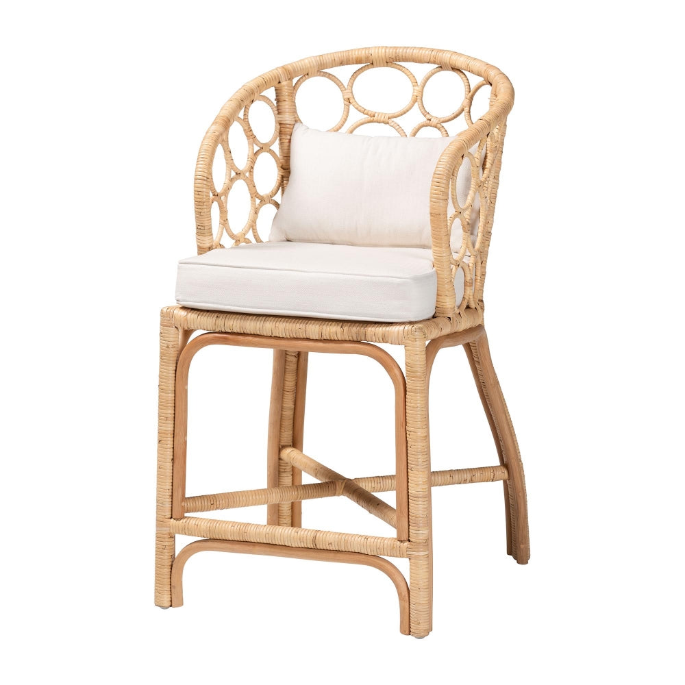 Prisca Natural Rattan Counter Stool with Bubble Frame - Handwoven Wicker Accent Stool with Round Back and Removable Cushions for Kitchen Island or Lounge