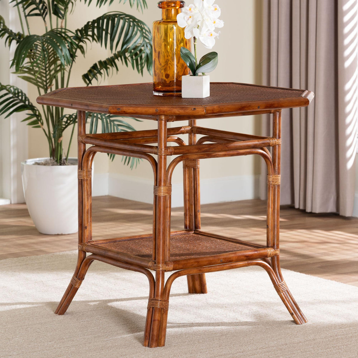 Jayanti Marbled Tortoise Natural Rattan Dining Table - Handwoven Wicker Bistro Table with Open Shelf