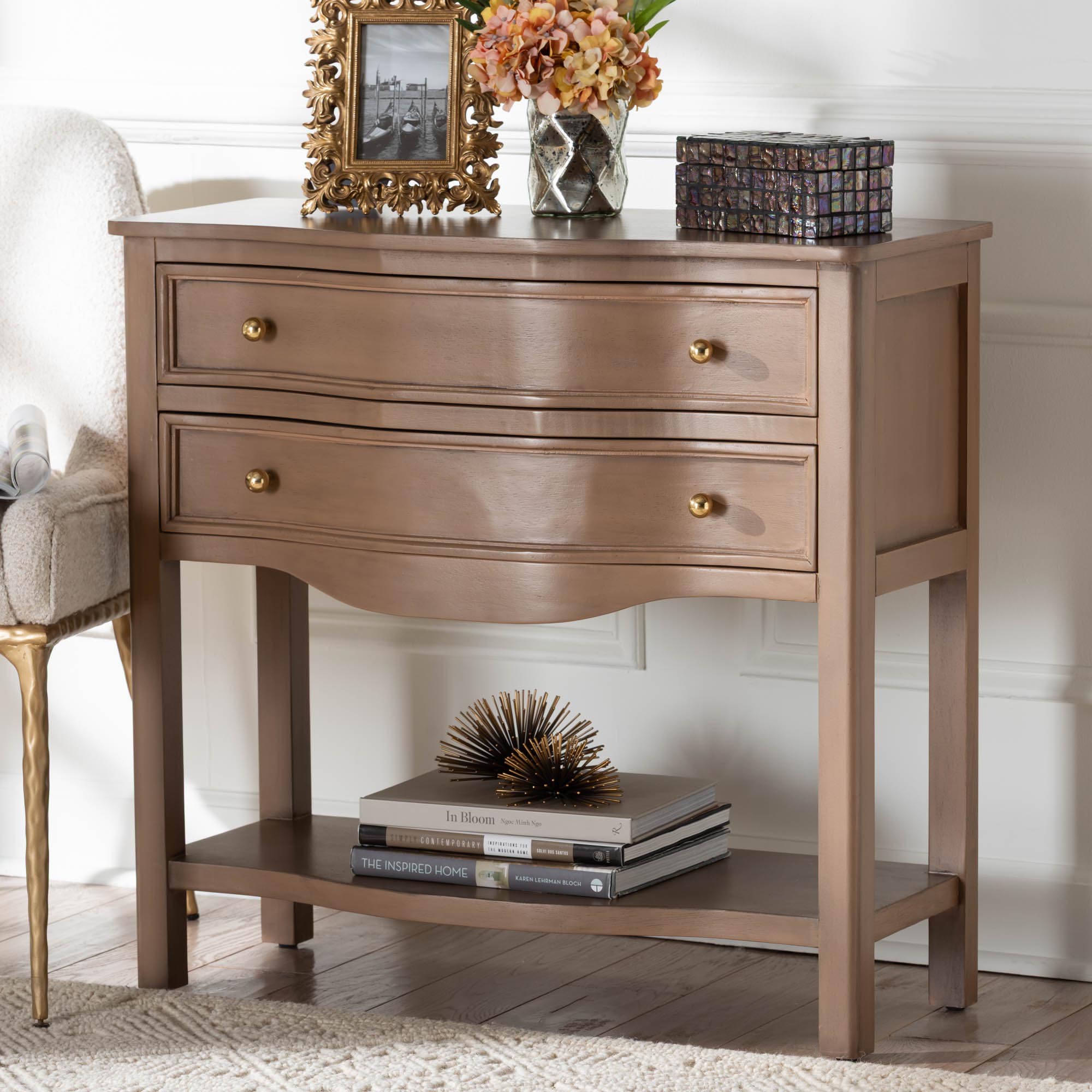 bali & pari Kelila Console Table with Curved Front - 2-Drawer Entryway Table with Open Shelf and Sculpted Apron for Living Room or Hallway