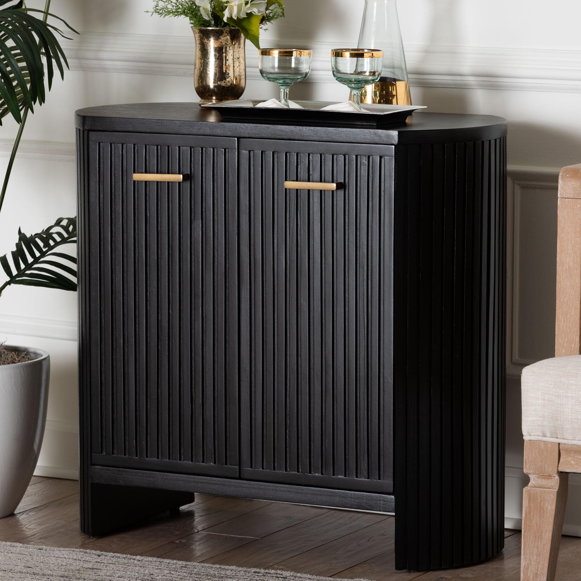 Keshet Fluted Wood Storage Cabinet - 2-Door Accent Cabinet with Vertical Slat Panels and Metal Door Pulls for Living Room or Entryway