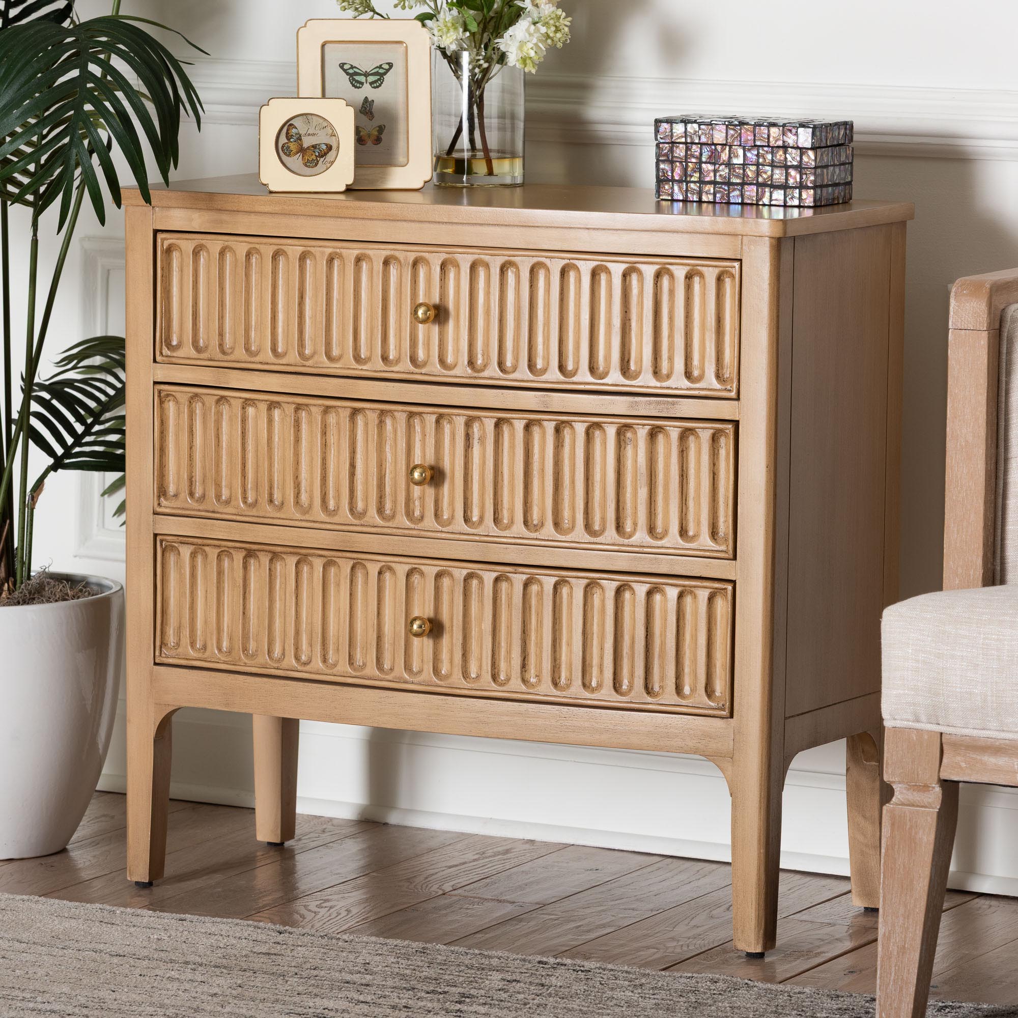Lavi Fluted Wood Chest - 3-Drawer Storage Chest with Textured Drawer Fronts and Round Knobs for Bedroom
