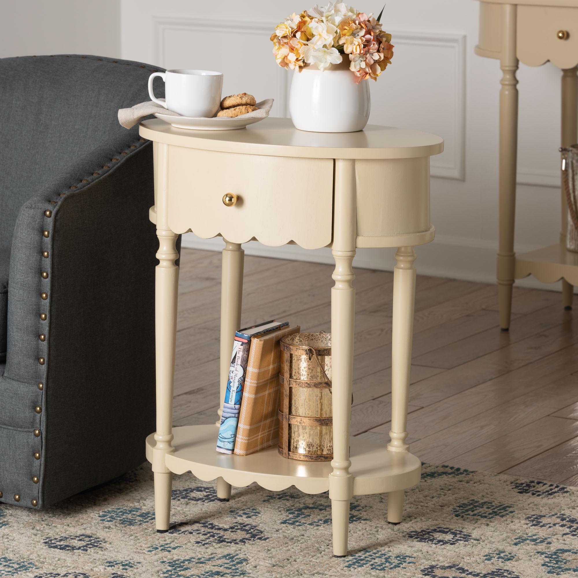 Liba End Table - 1-Drawer Accent Table with Scalloped Detailing and Open Shelf Storage for Hallway, Entryway, and Living Room