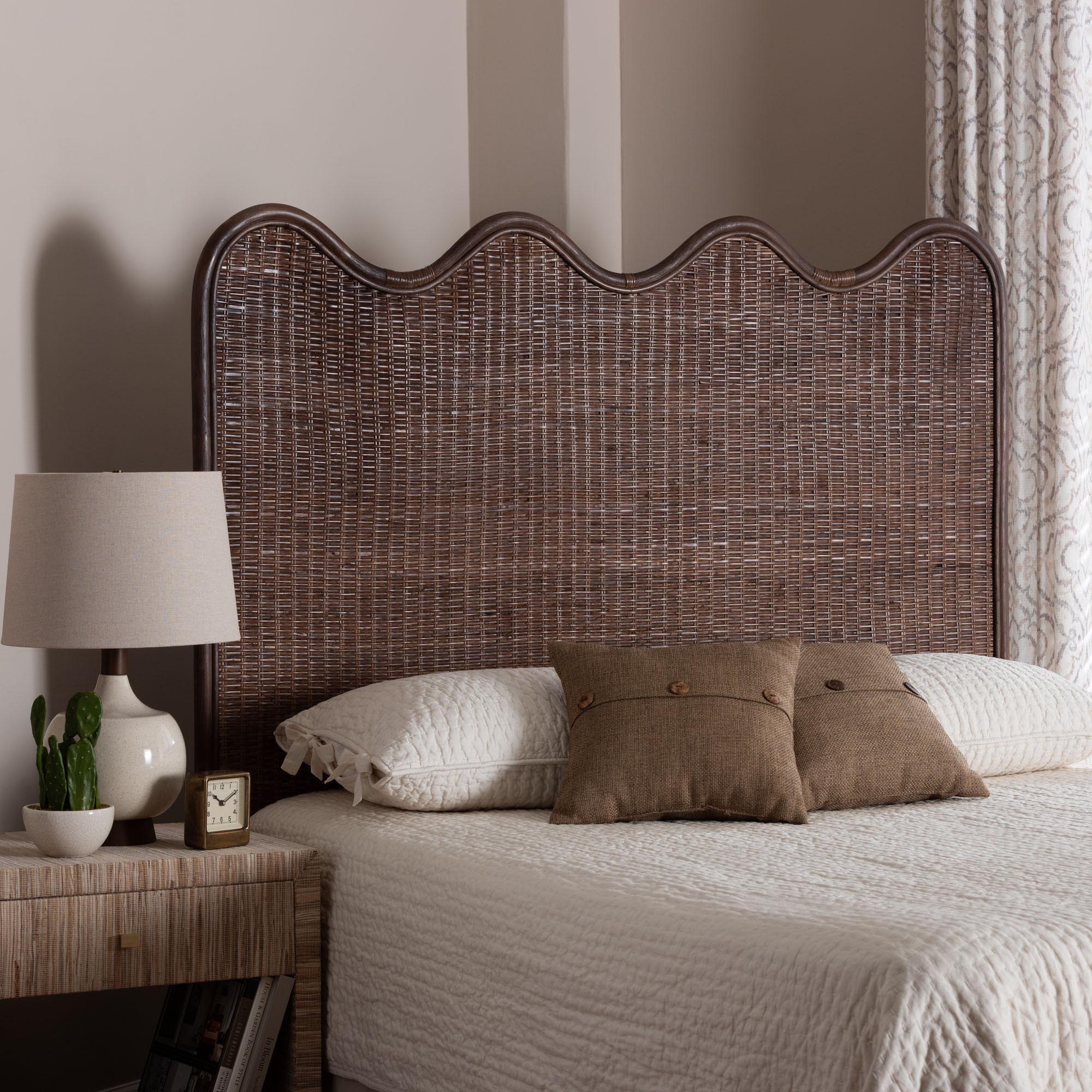 Einya Natural Rattan Standalone Headboard - Handwoven Wicker Panel Headboard with Wavy Scalloped Top, King