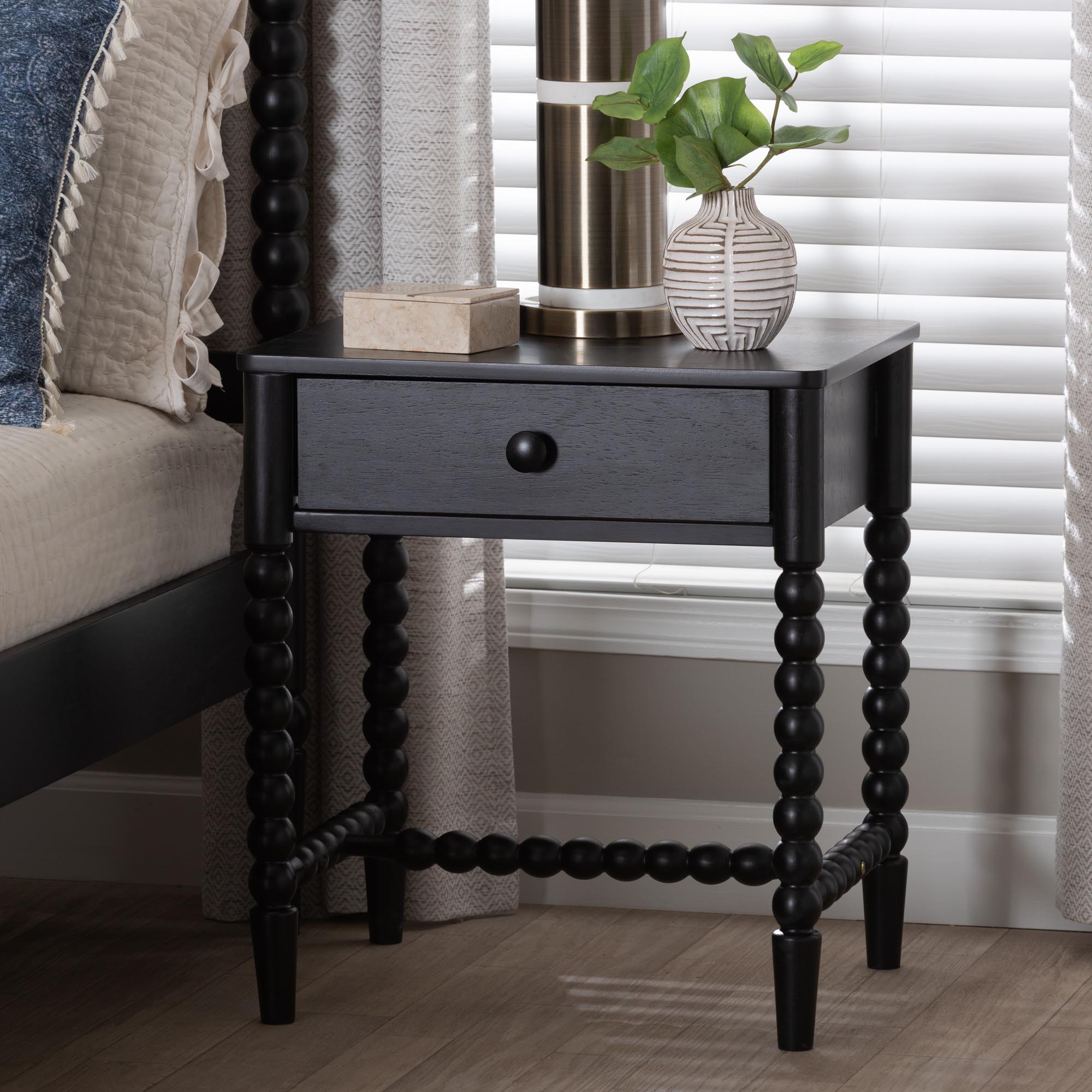 Baxton Studio Brantley Spindle Nightstand - 1-Drawer Bedside Table with Beaded Frame and Open Base for Bedroom, Black